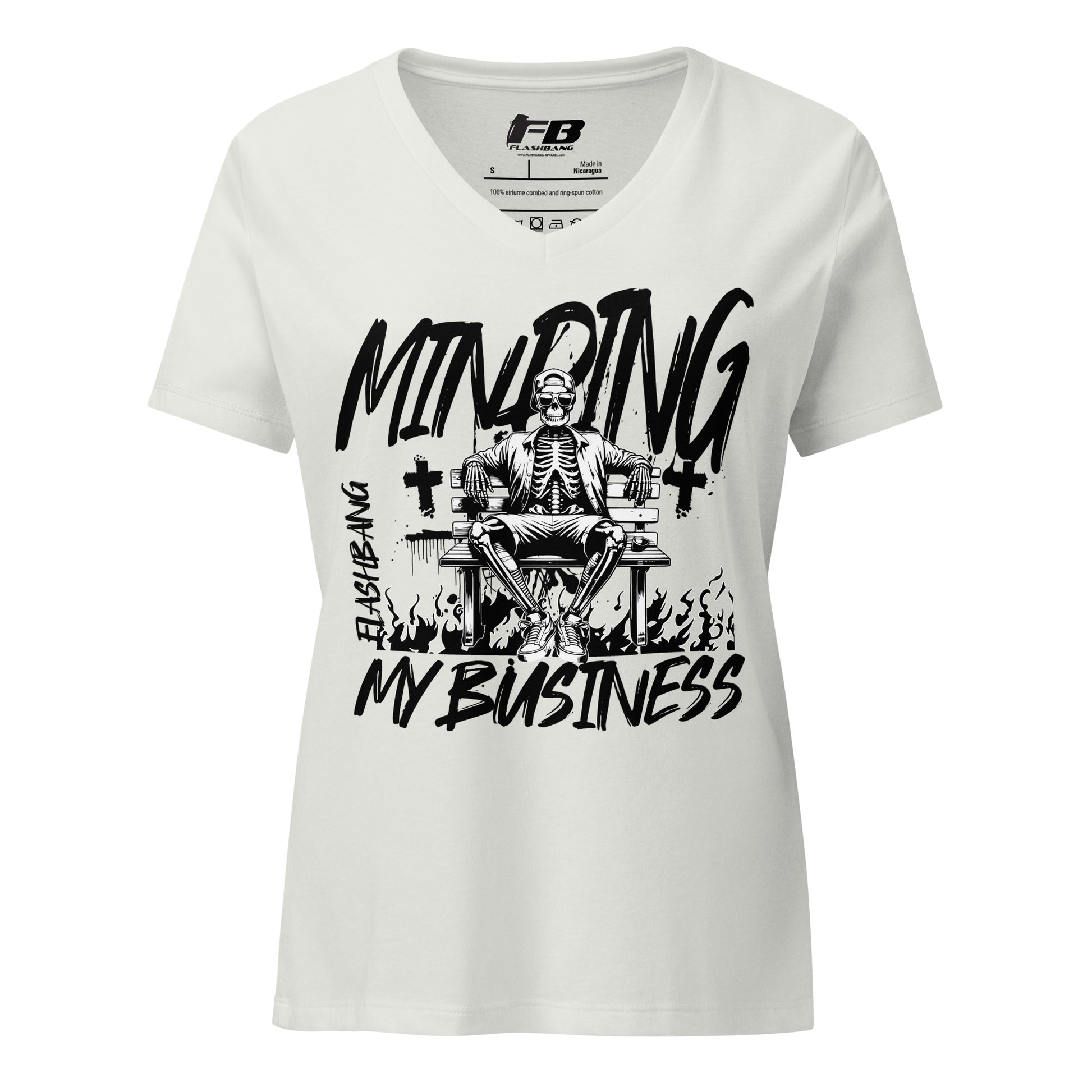 White t-shirt with black graphic design and text on a white background