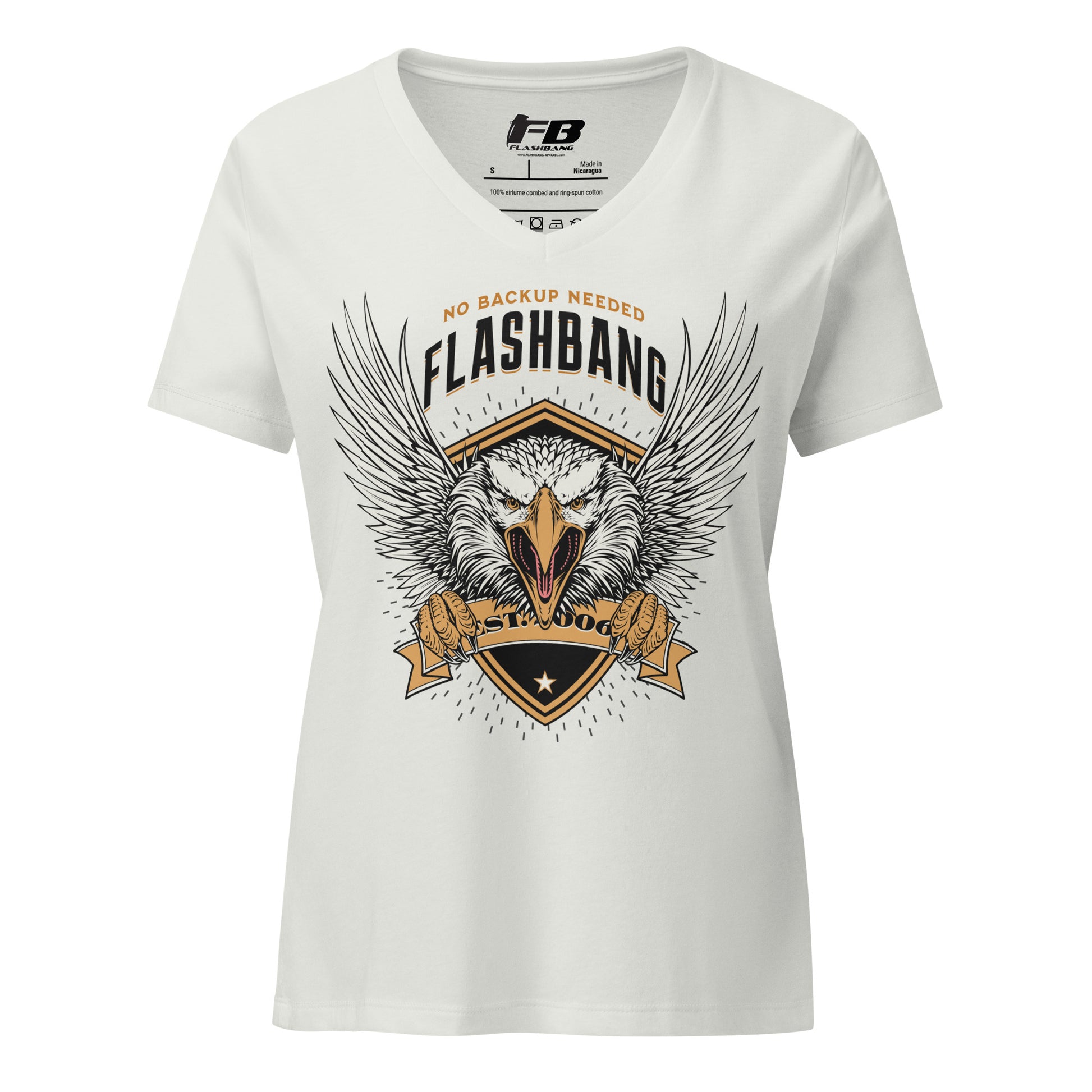 White t-shirt with 'Flashbang' graphic design featuring an eagle and text on a white background.