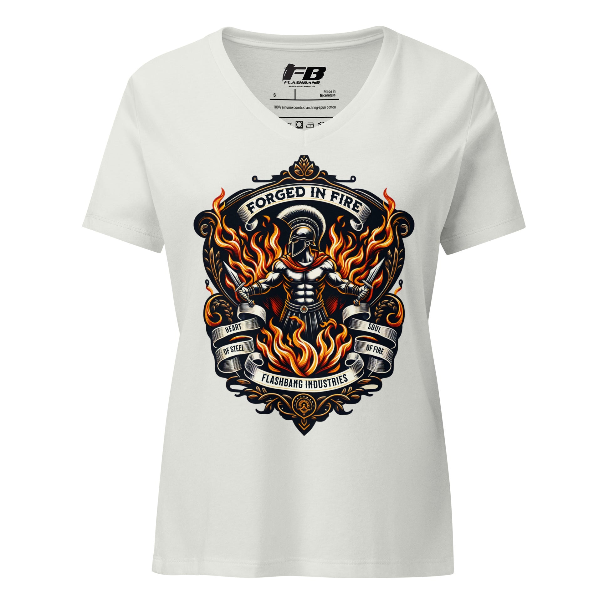 White t-shirt with a graphic design featuring flames and text on a white background