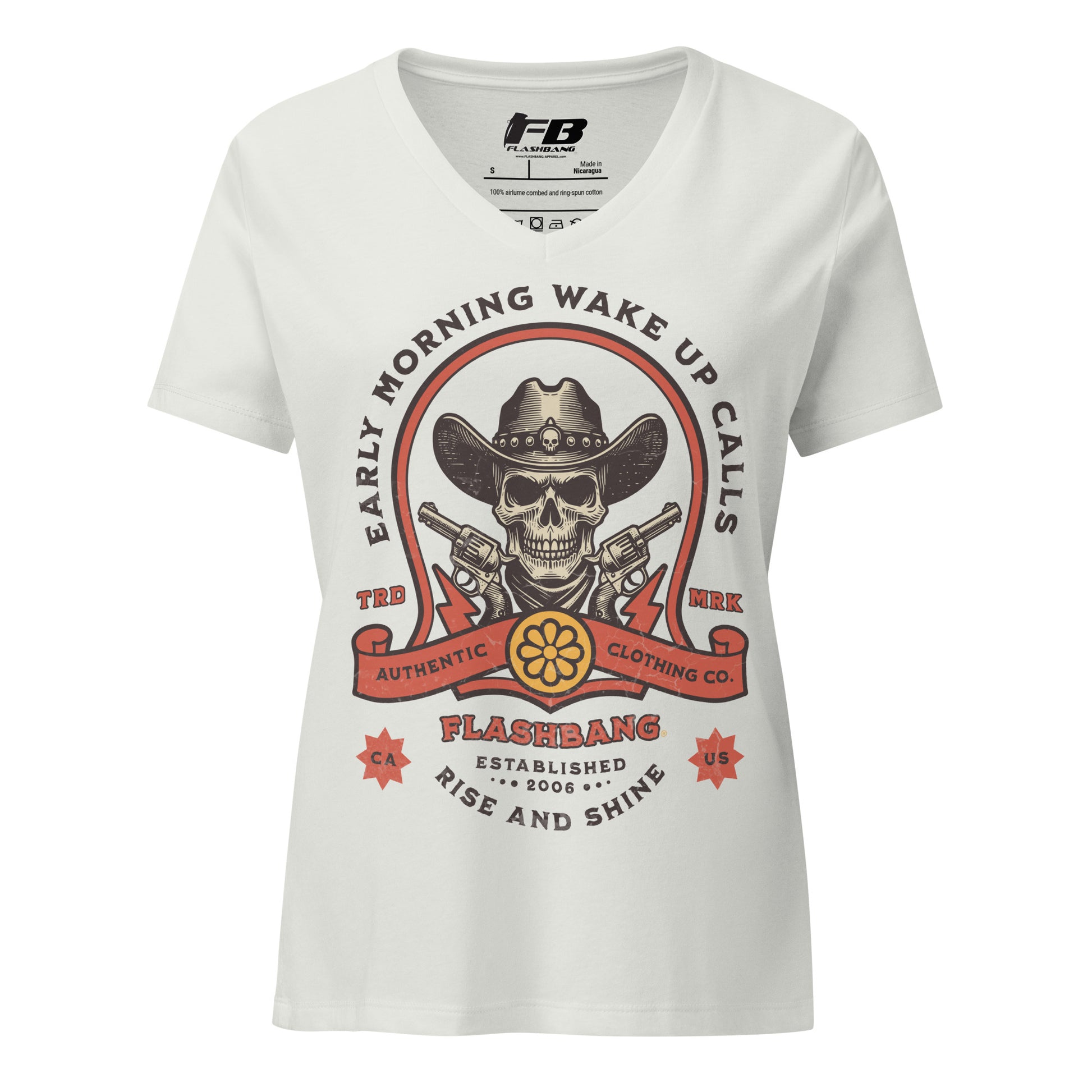 White t-shirt with a graphic design featuring a skull in a cowboy hat and revolvers, on a white background.