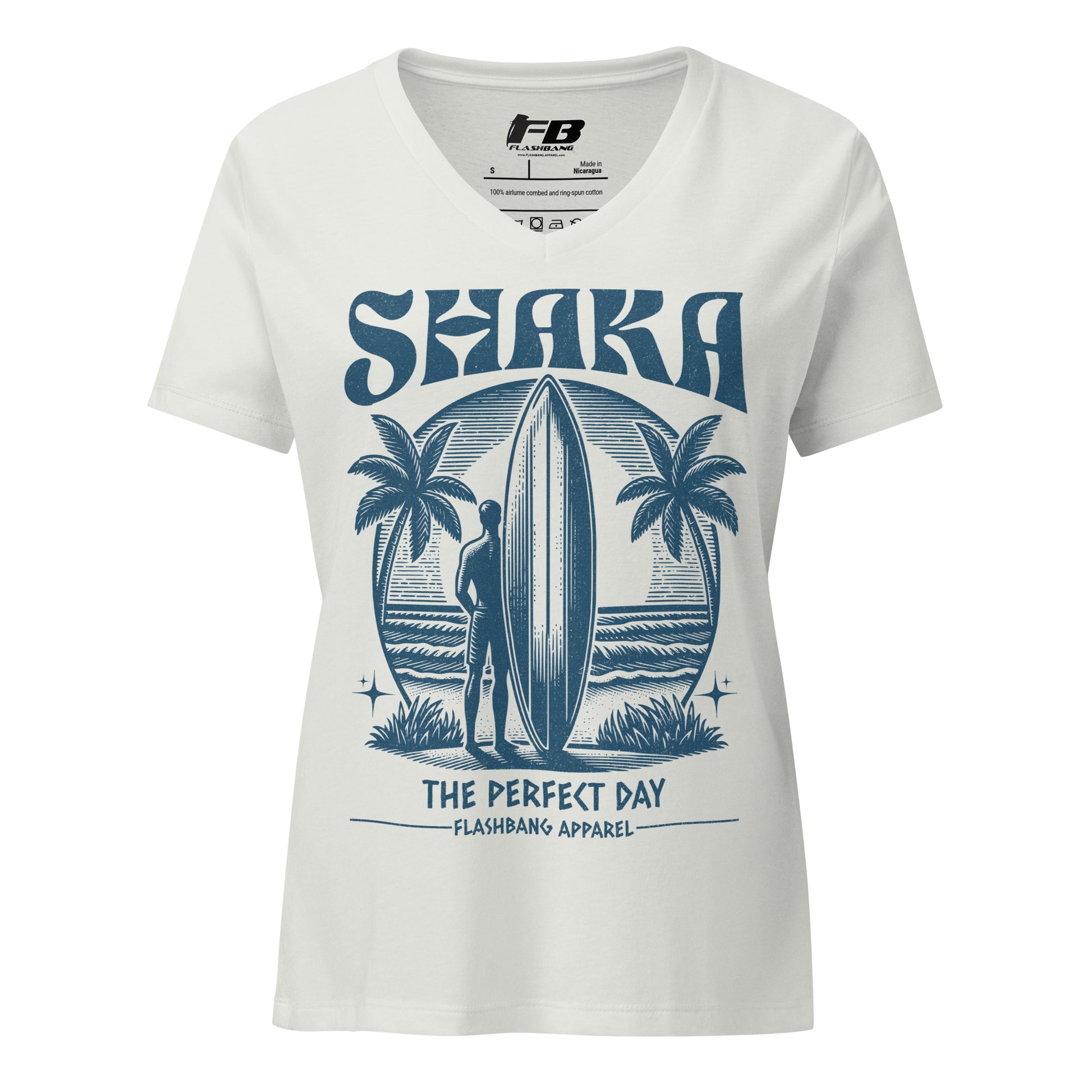 Heather Mauve with blue graphic design featuring a surfer and palm trees on a white background.