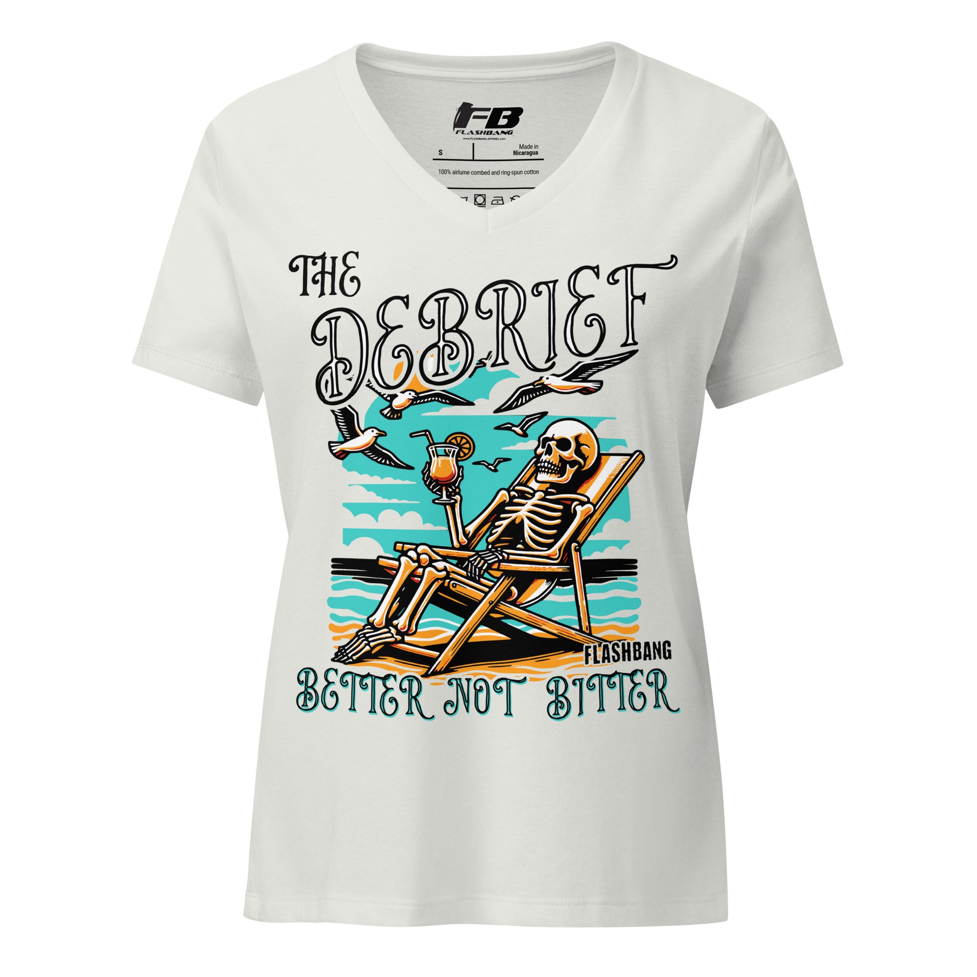 White t-shirt with skeleton design and text on a white background