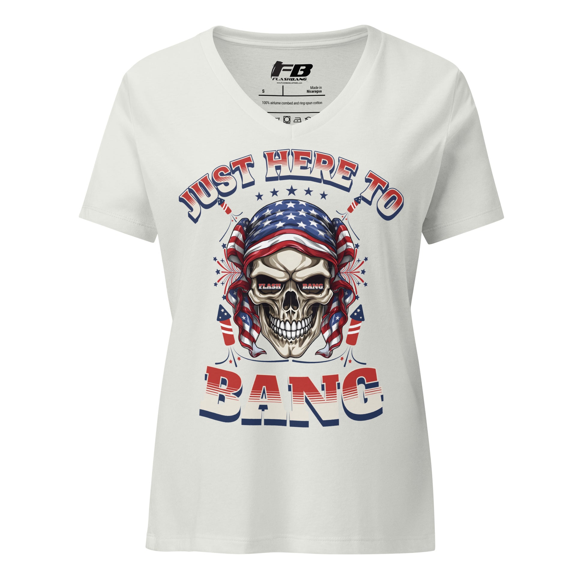 White t-shirt with skull graphic and 'Just Here To Bang' text on a white background