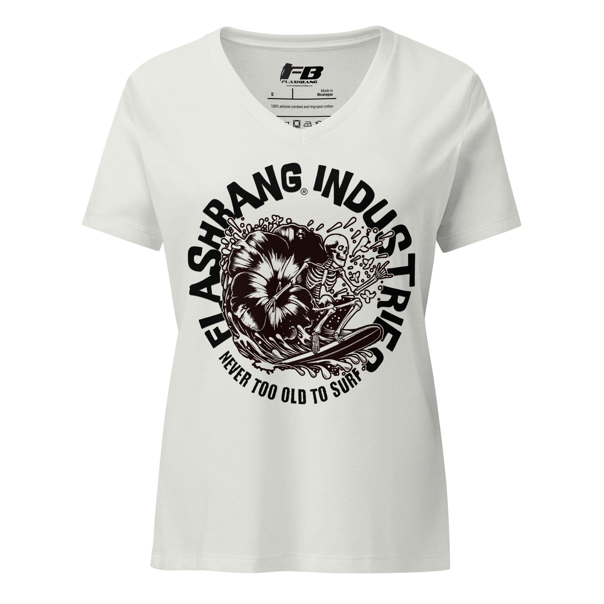 White t-shirt with black graphic design and 'Flashbang Industries' text on a white background