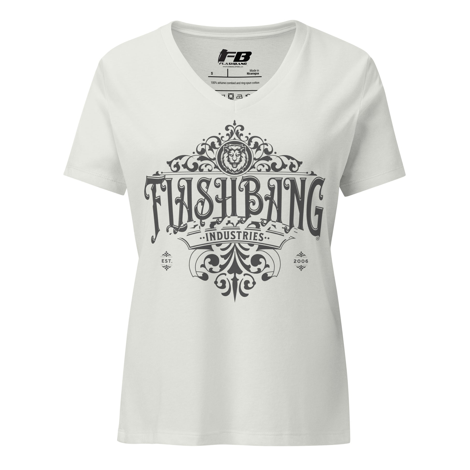 White t-shirt with black graphic design and 'Flashbang Industries' text on a white background