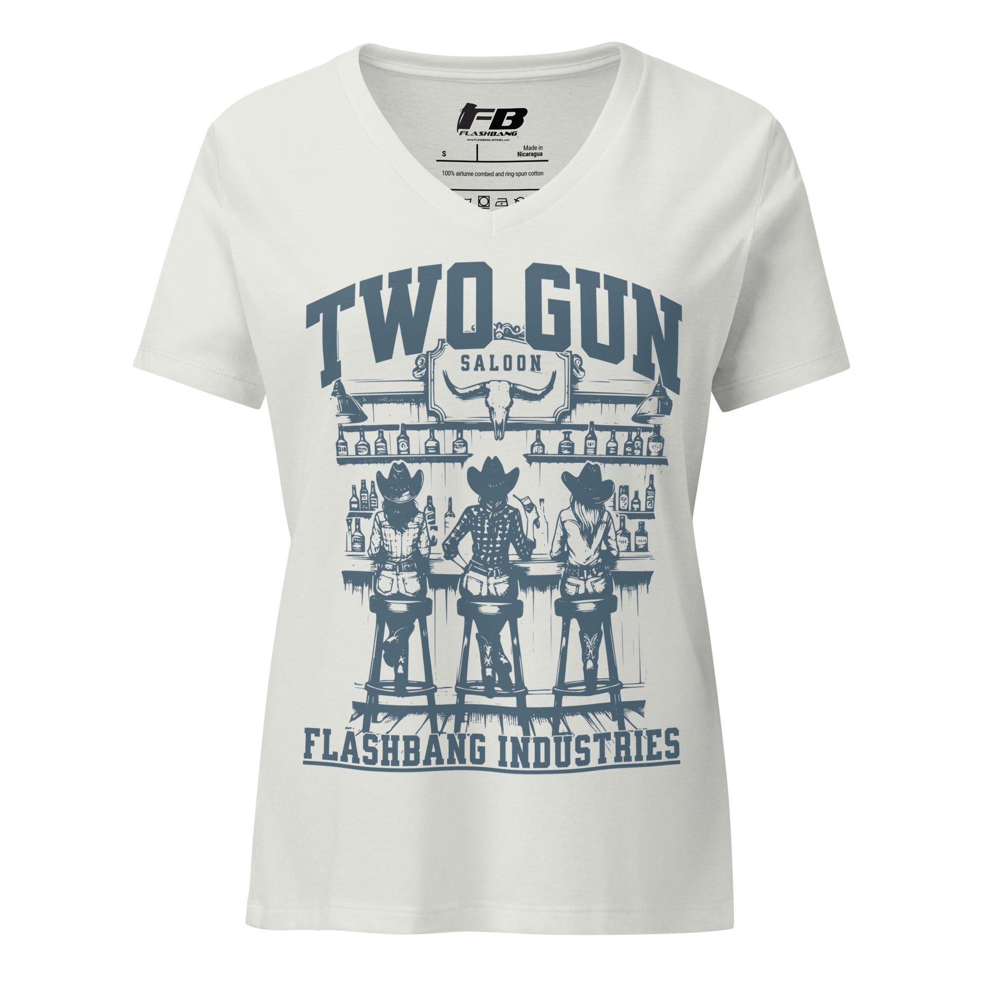 White t-shirt with blue graphic design featuring cowboys and 'Two Gun Saloon' text on a white background.