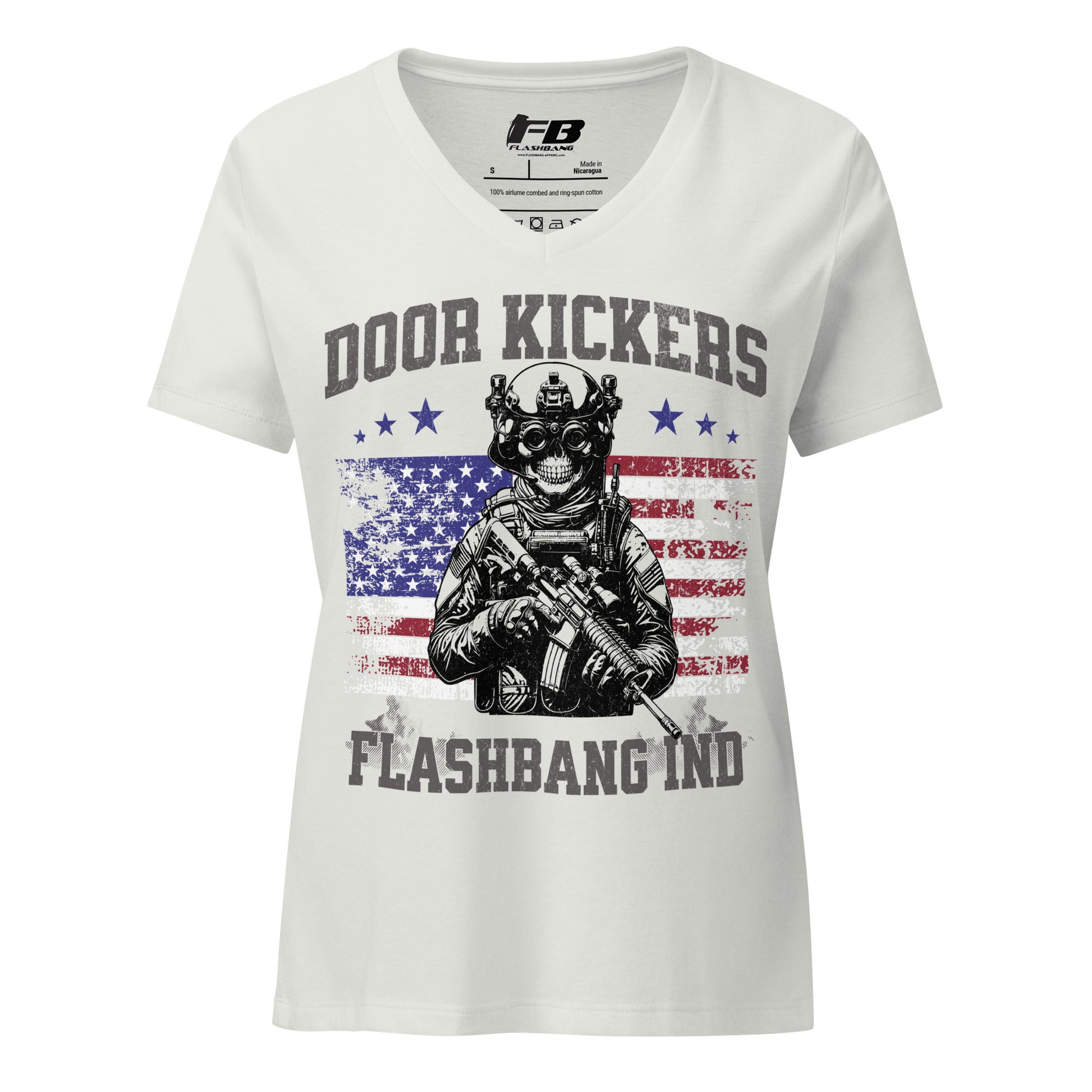 White t-shirt with graphic design featuring a soldier and American flag, brand 'FB' visible.