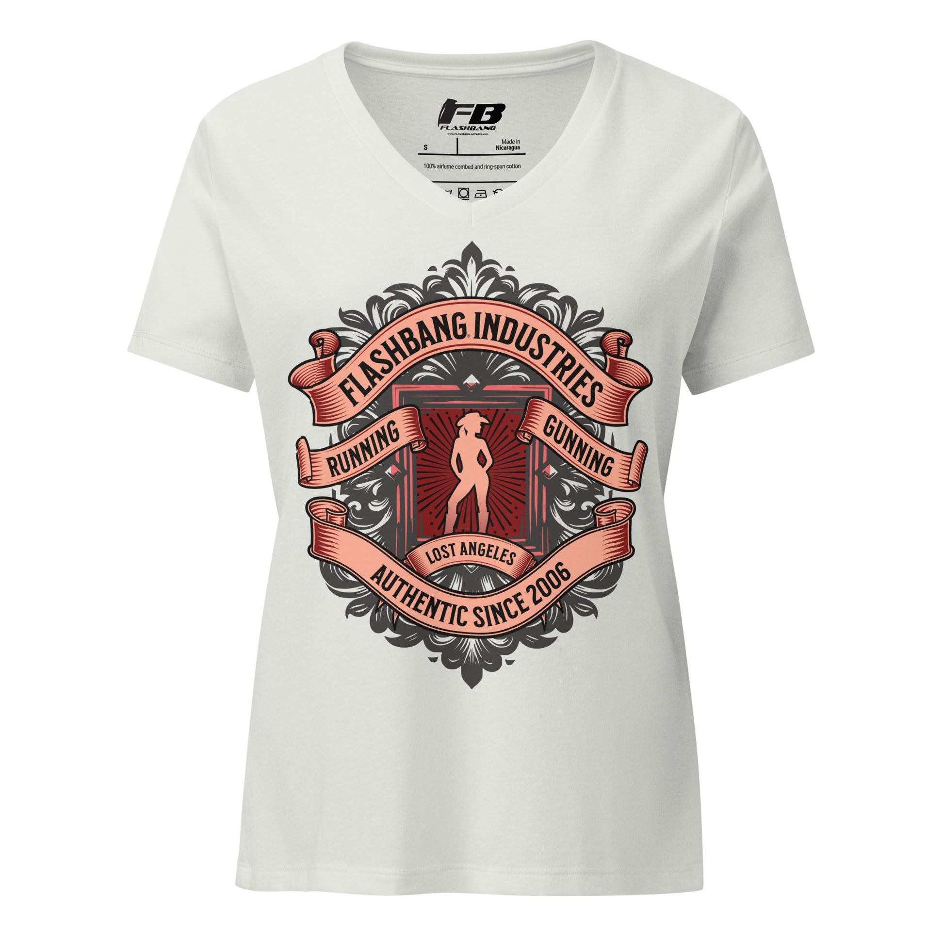White t-shirt with graphic design and 'Flashbang Industries' branding on a white background