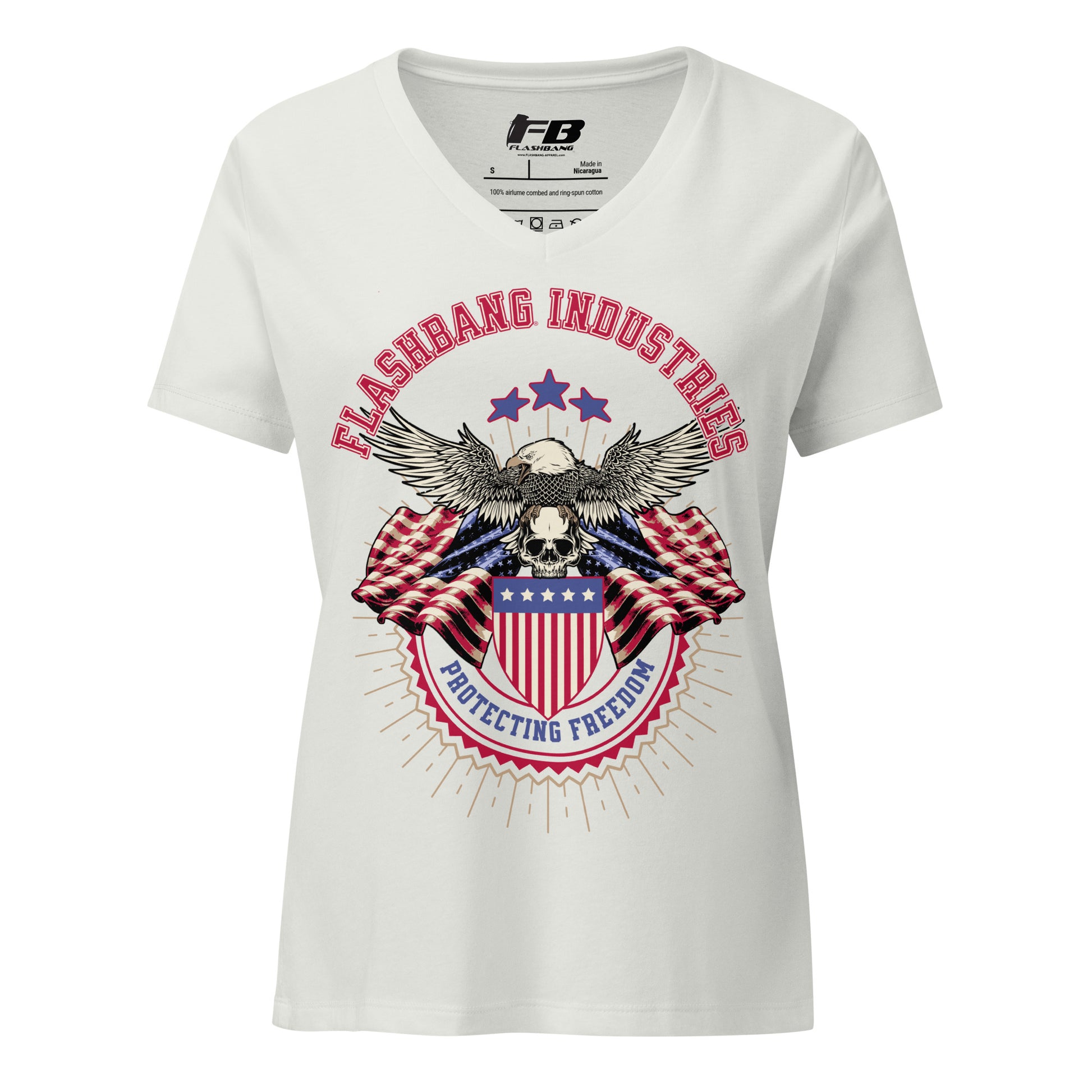 White t-shirt with 'Flashbang Industries' graphic design featuring an eagle and American flag on a white background.