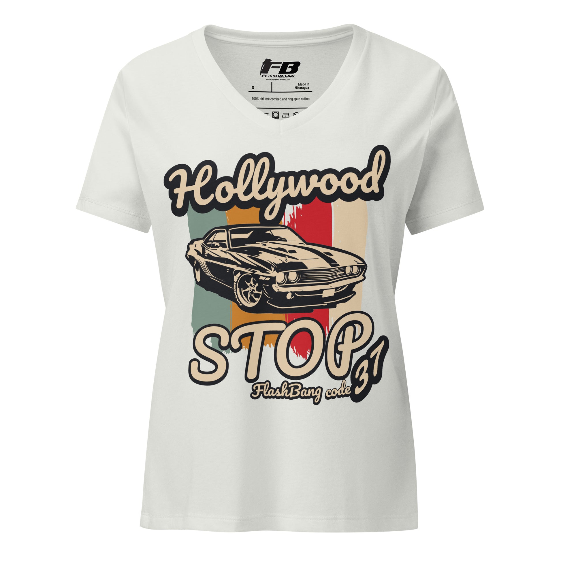 White t-shirt with a graphic of a car and 'Hollywood Stop' text on a white background