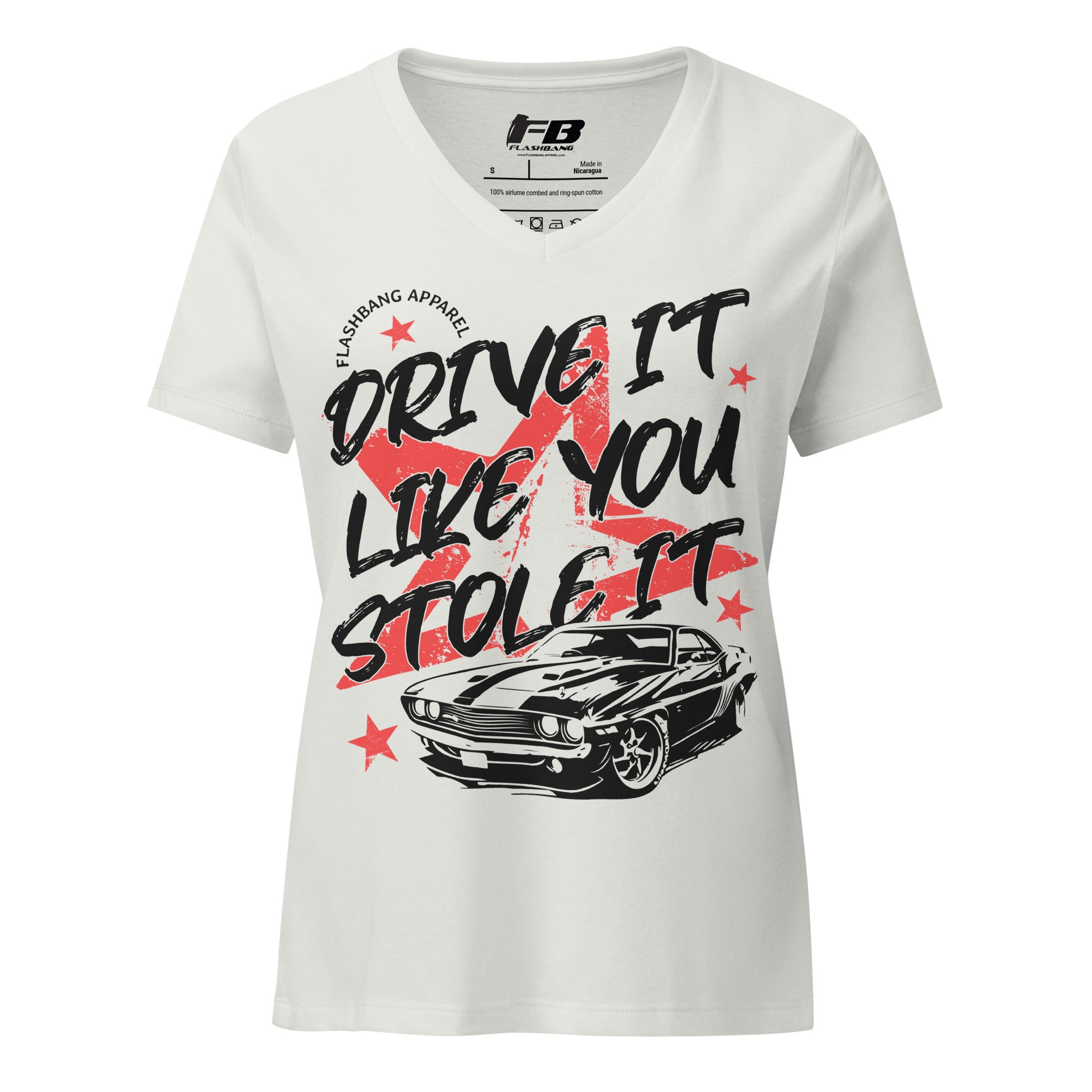 White t-shirt with graphic design and text 'Drive It Like You Stole It' on a white background