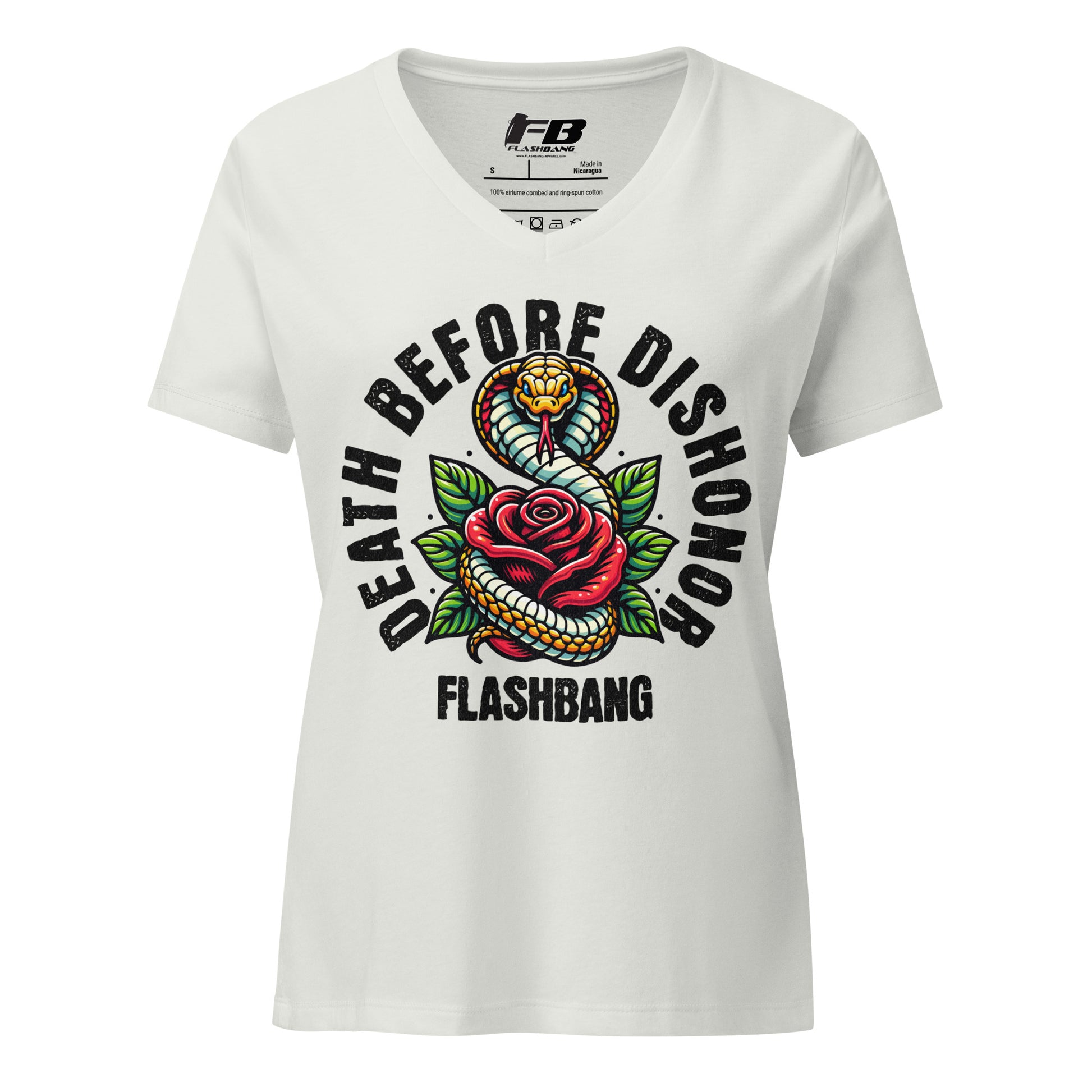 White t-shirt with snake and rose graphic and 'Flashbang' text on a white background