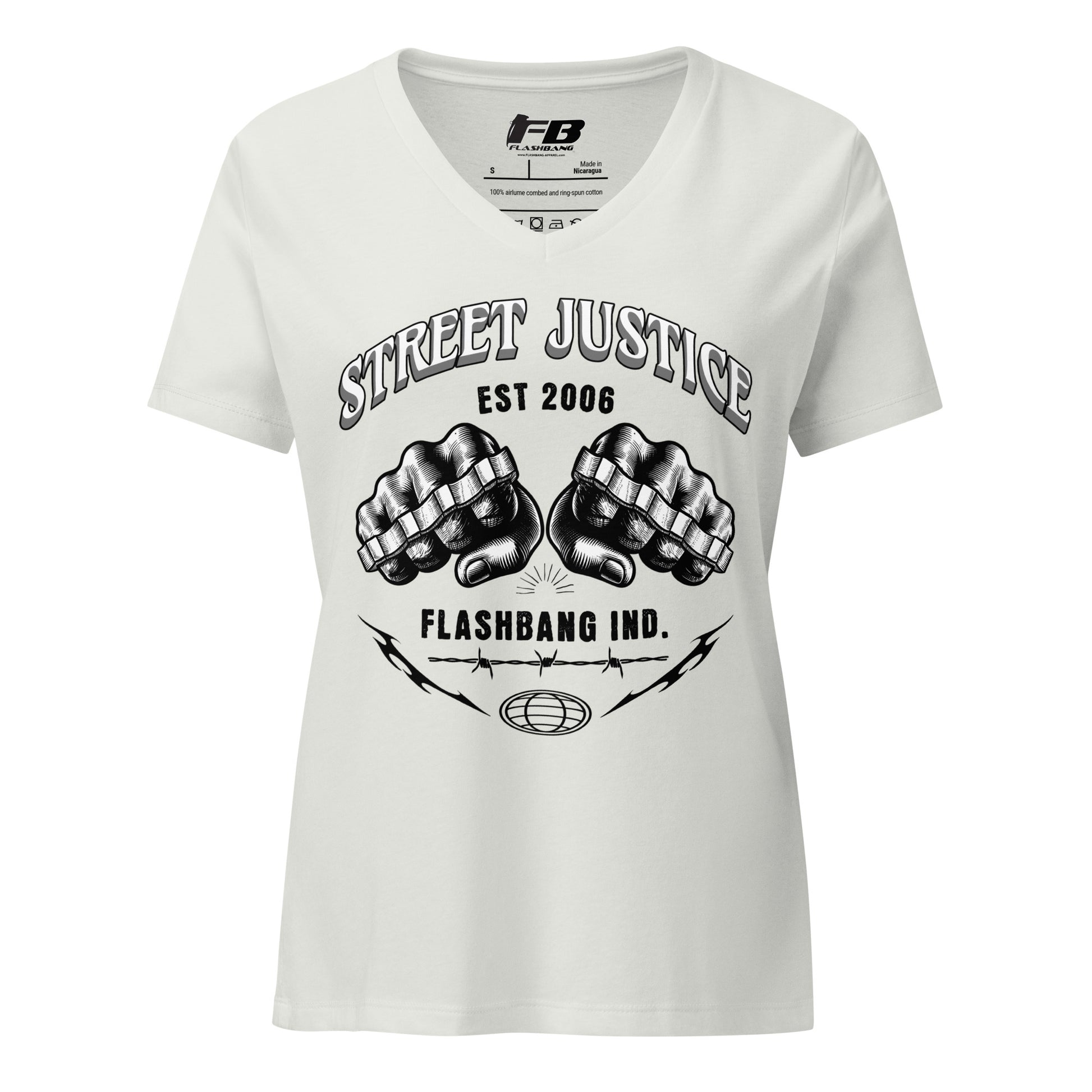 White t-shirt with black graphic design and text on a white background