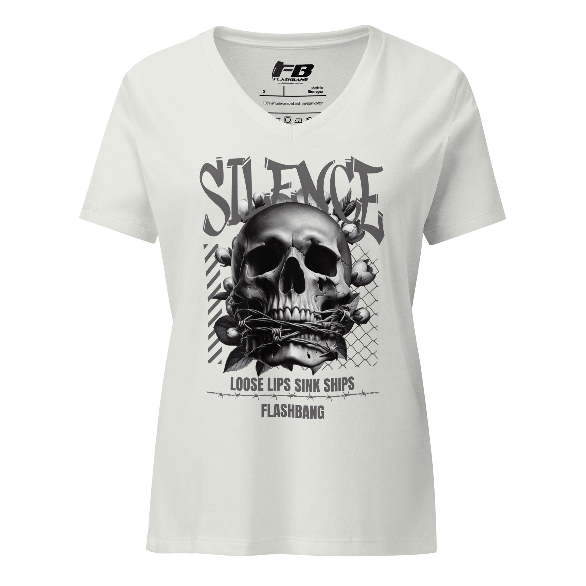 White t-shirt with a skull graphic and text on a white background