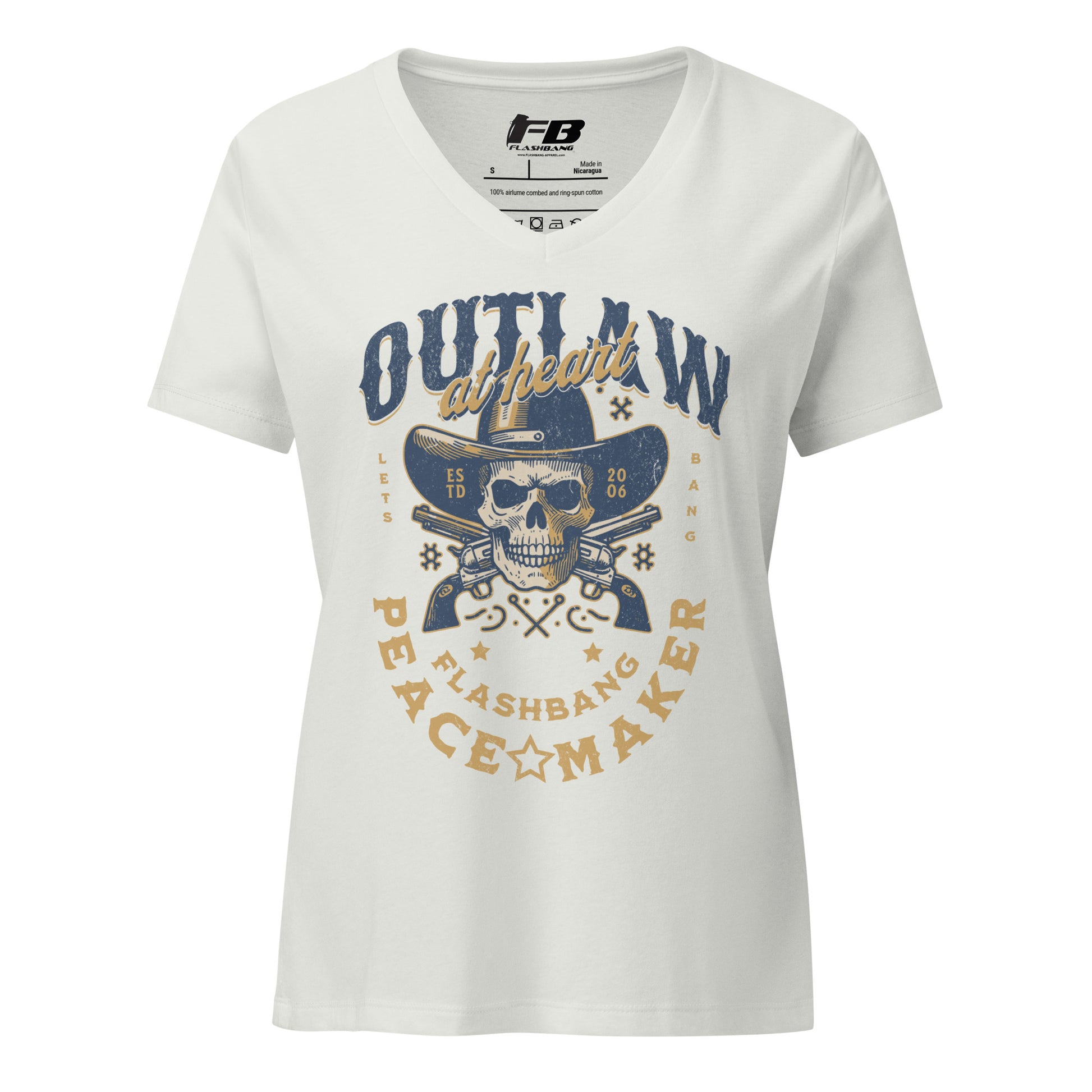 White t-shirt with skull and gun design on a white background