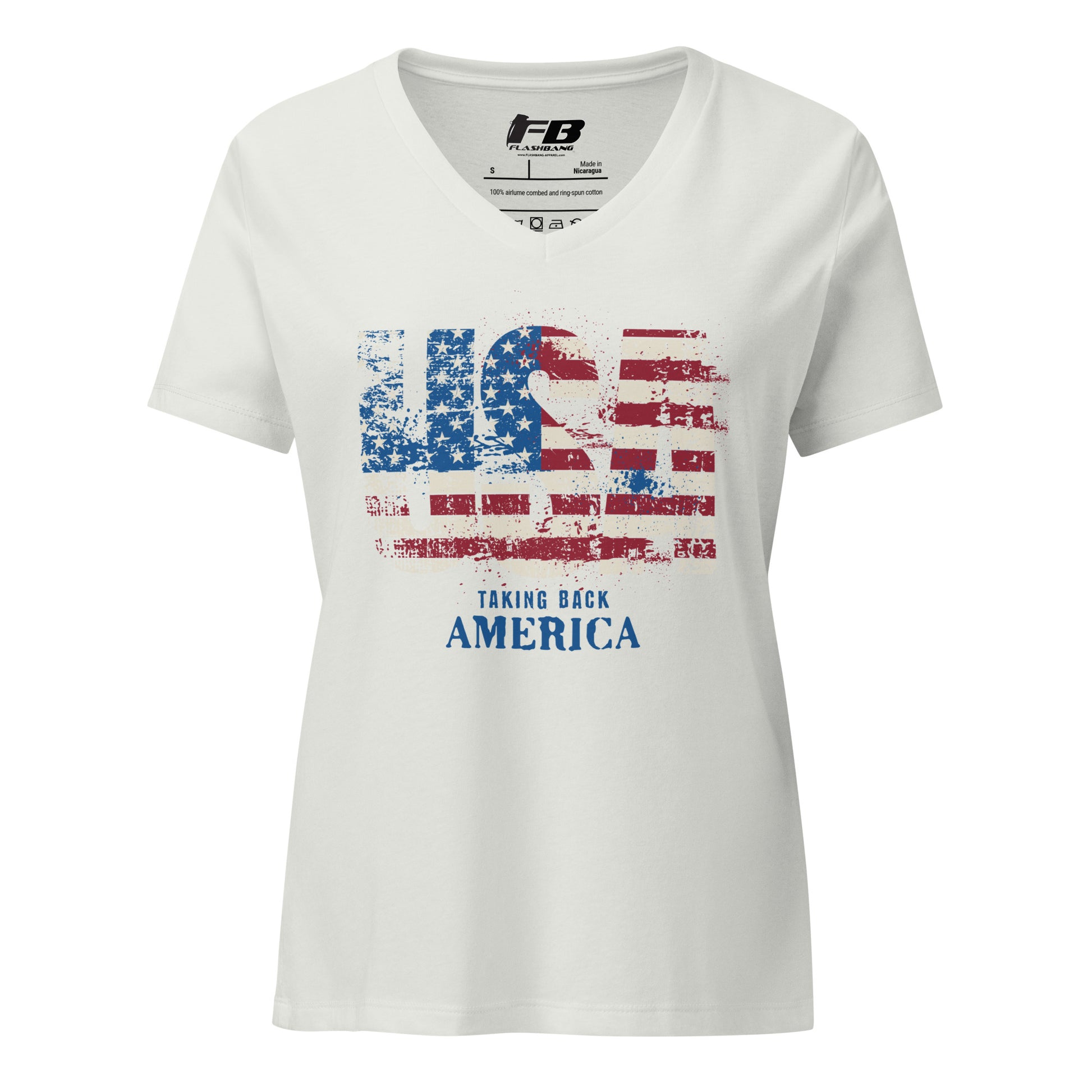 White t-shirt with American flag design and text on a white background