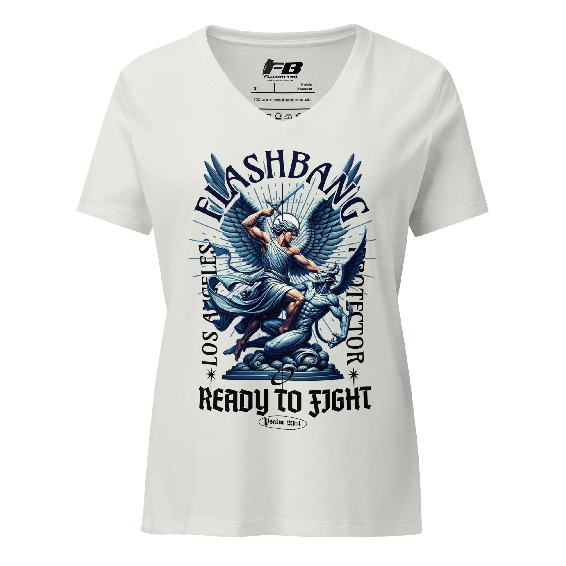White t-shirt with graphic design and 'Flashbang' branding on a white background