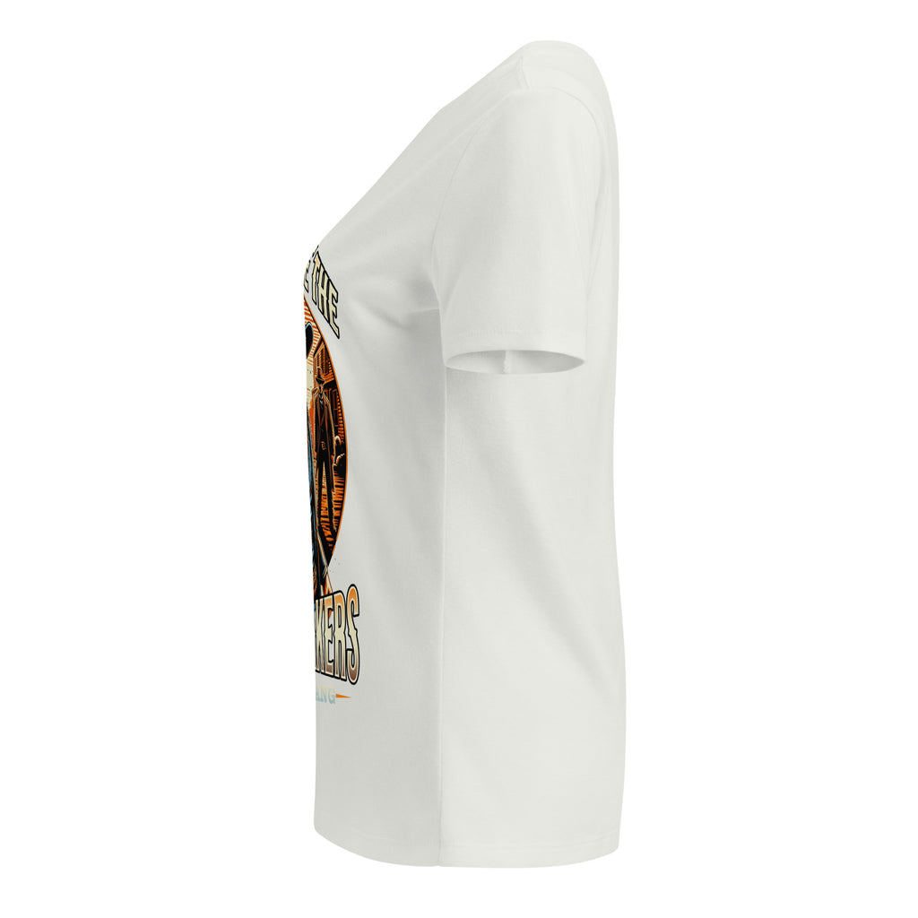 White t-shirt with a graphic design on the sleeve against a white background
