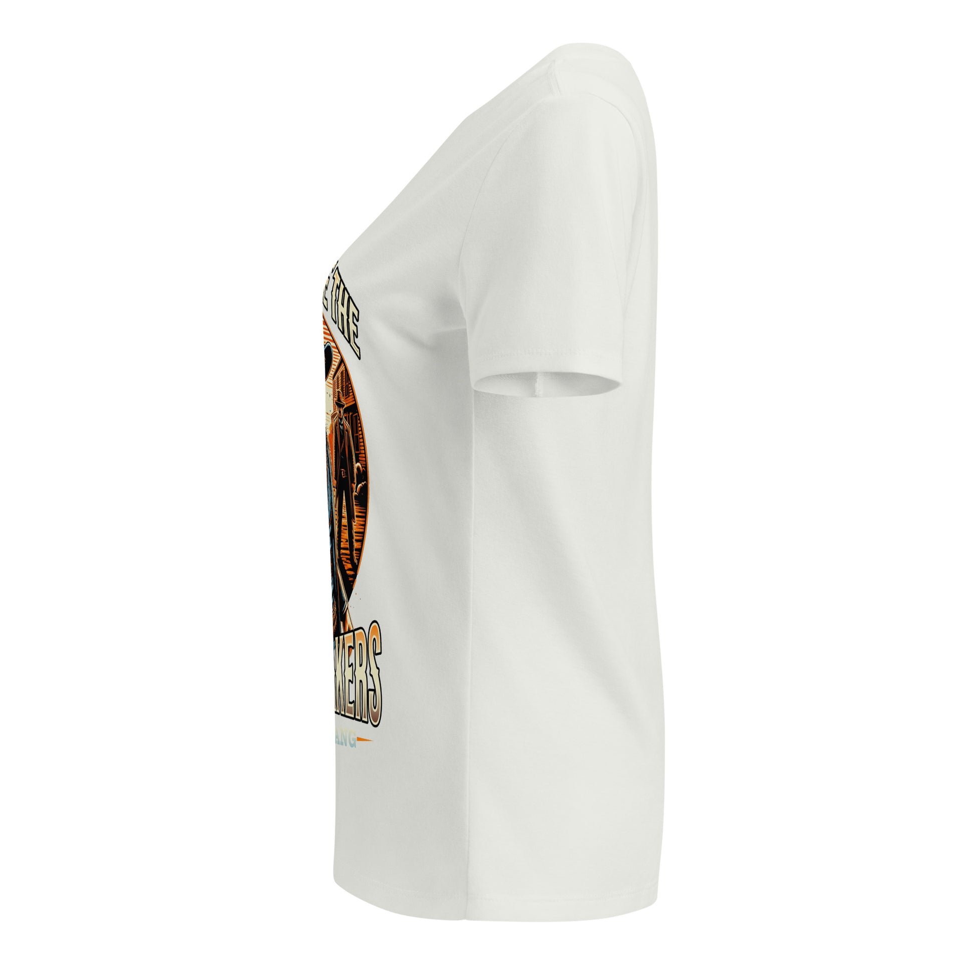 White t-shirt with a graphic design on the sleeve against a white background