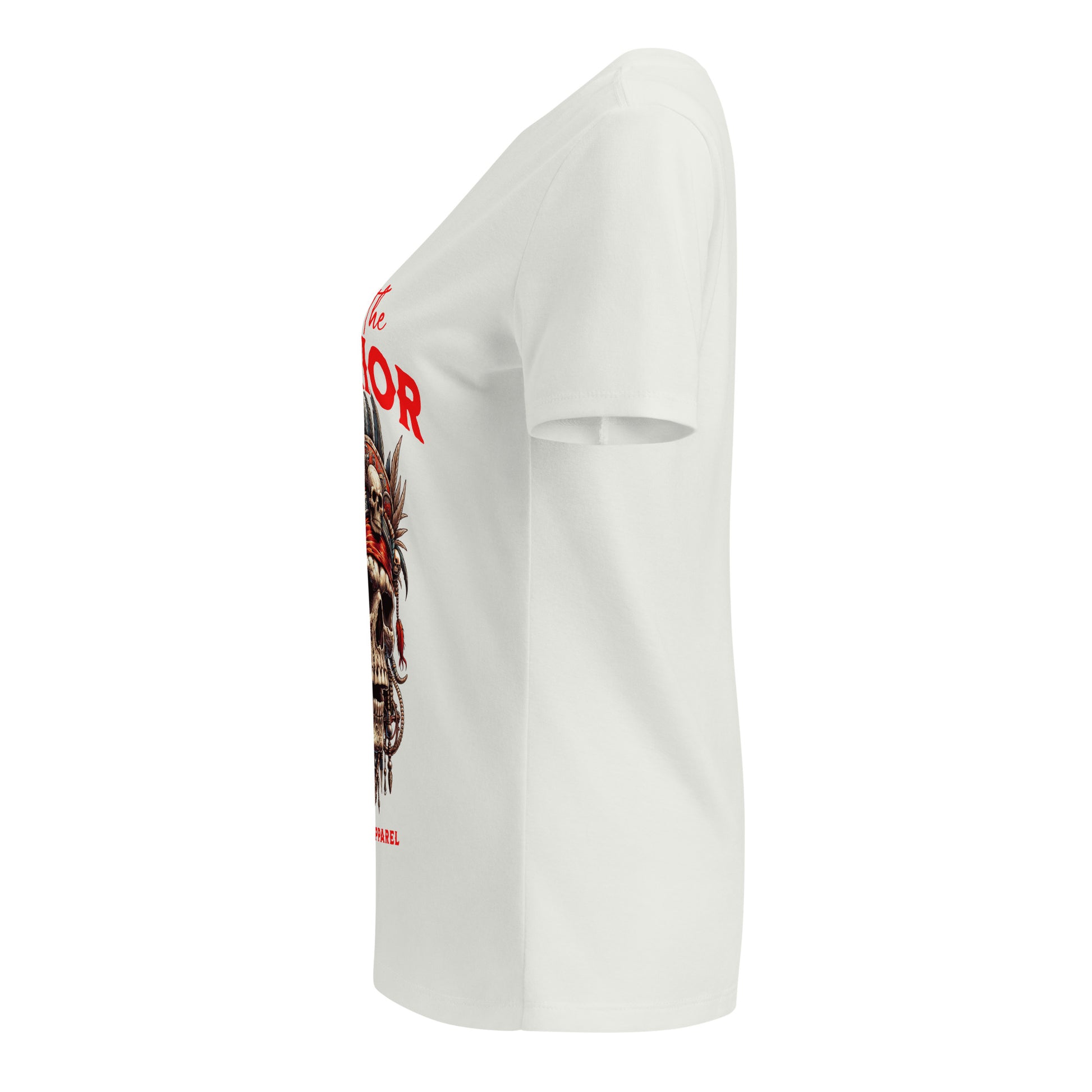 White t-shirt with a graphic design on the sleeve against a white background