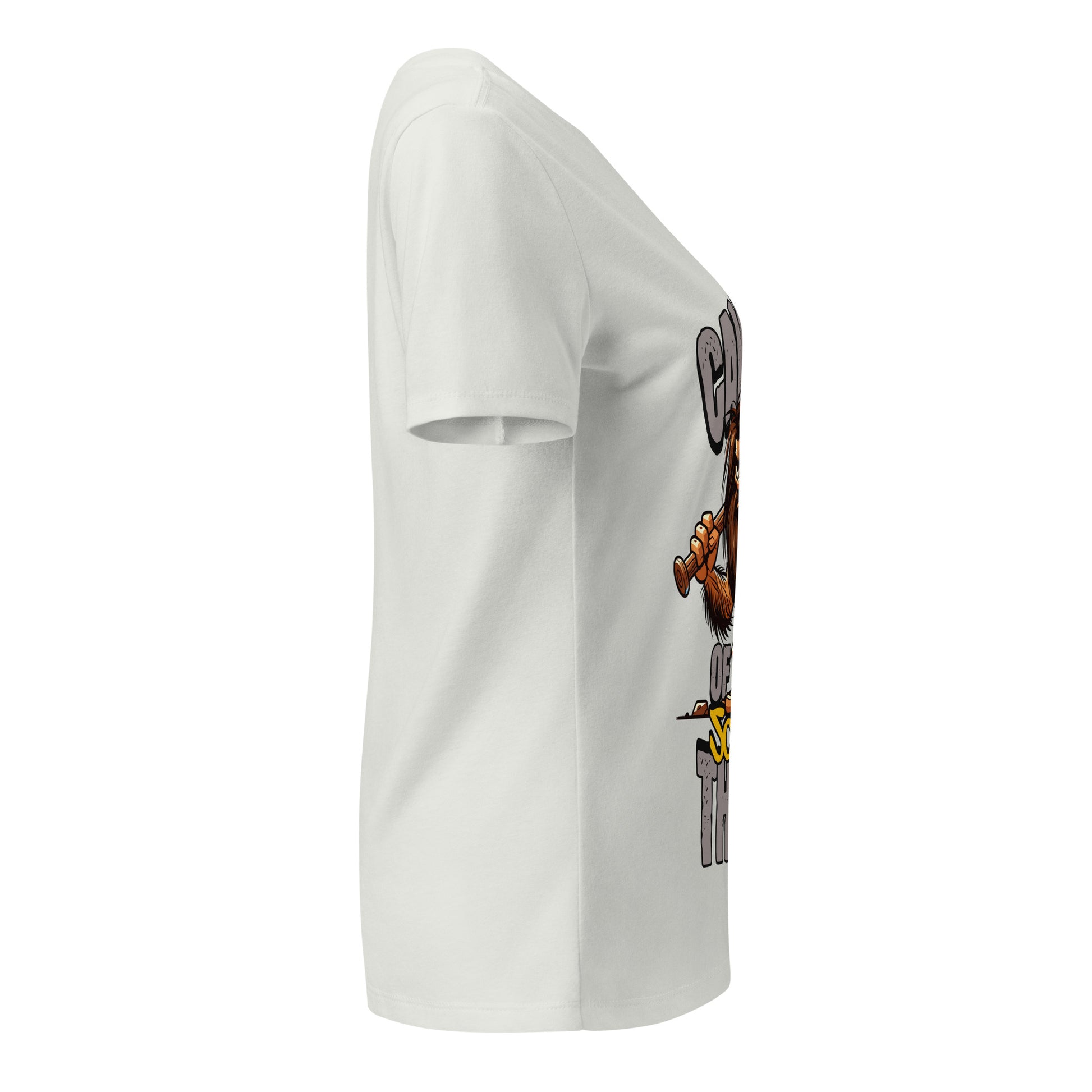 White t-shirt with cartoon character graphic on a white background