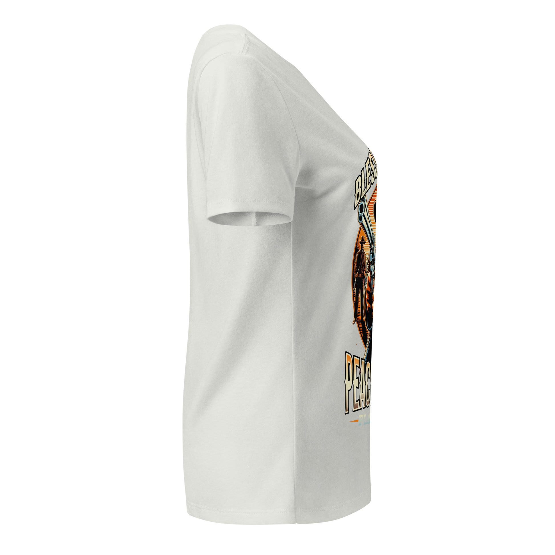White t-shirt with a graphic design on the sleeve against a white background