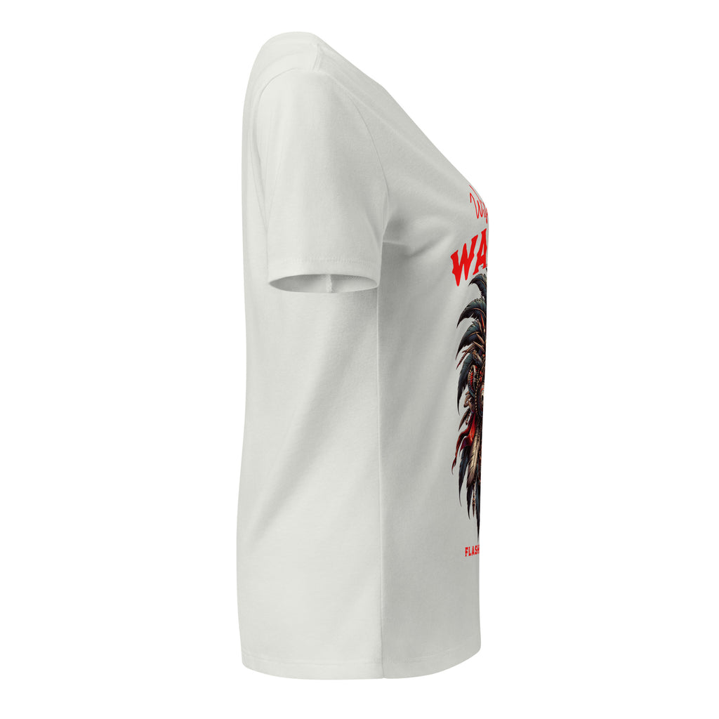 White t-shirt with a graphic design on a white background