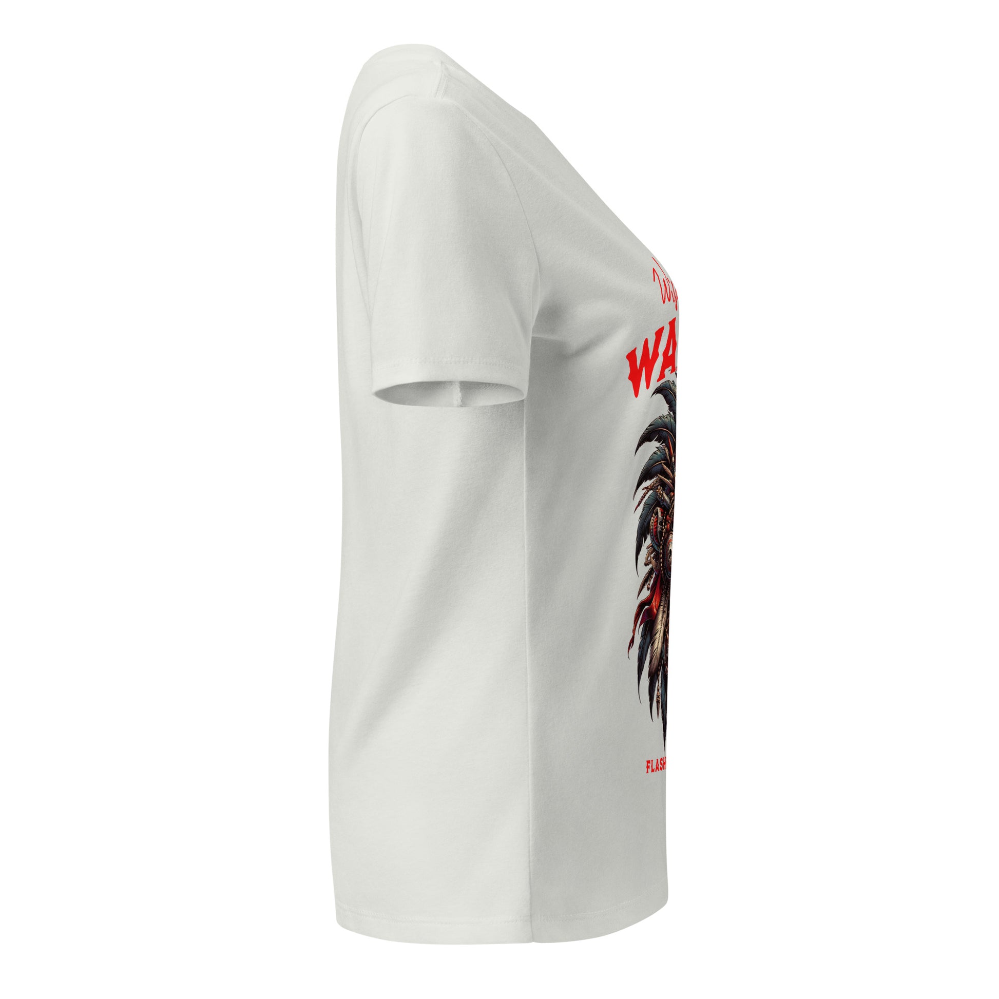White t-shirt with a graphic design on a white background