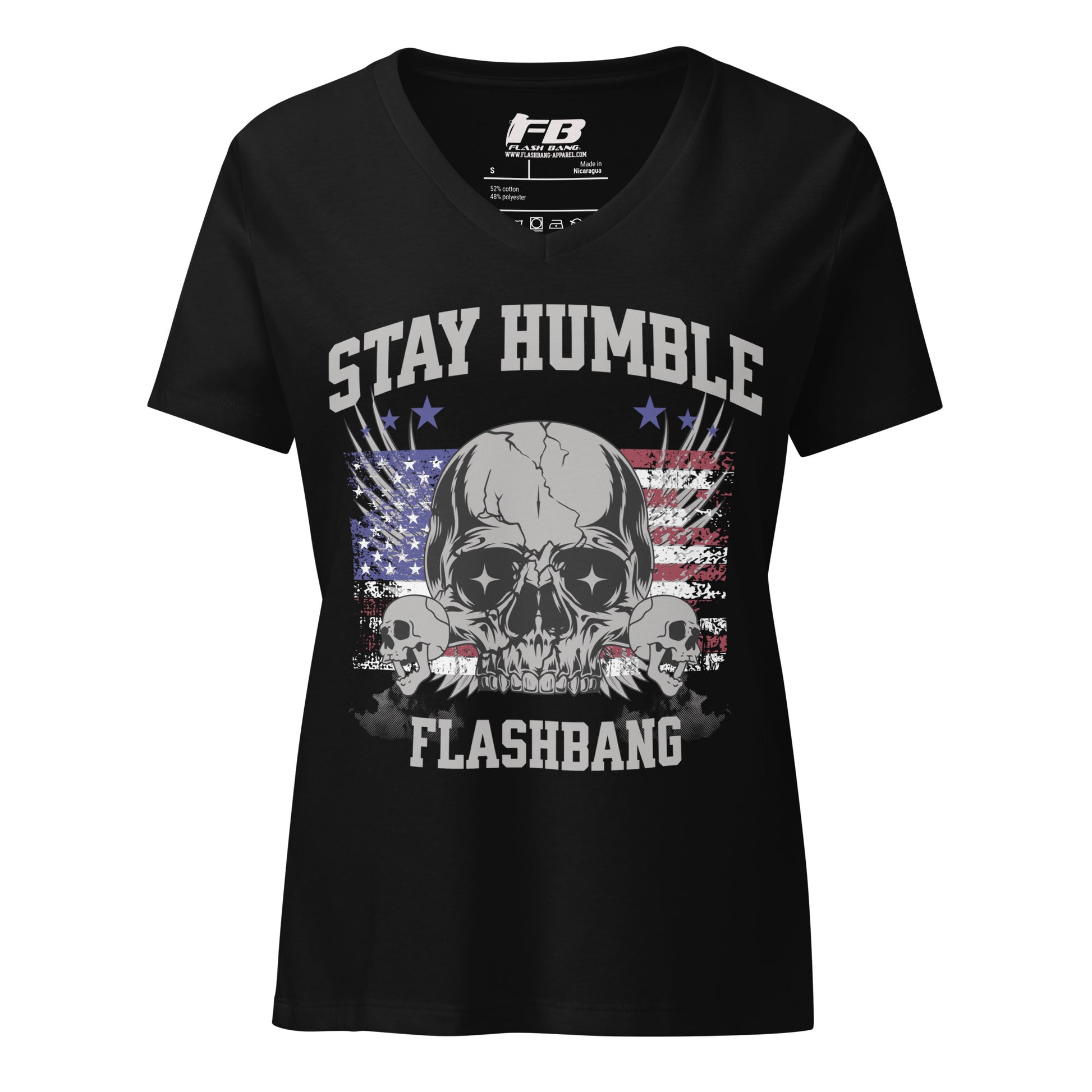 Black t-shirt with skull design and text 'Stay Humble Flashbang' on a white background