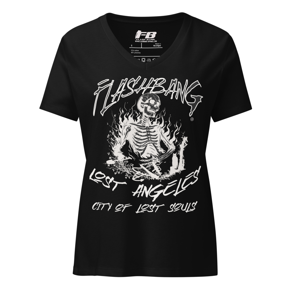 Black t-shirt with a skeleton graphic and text on a white background