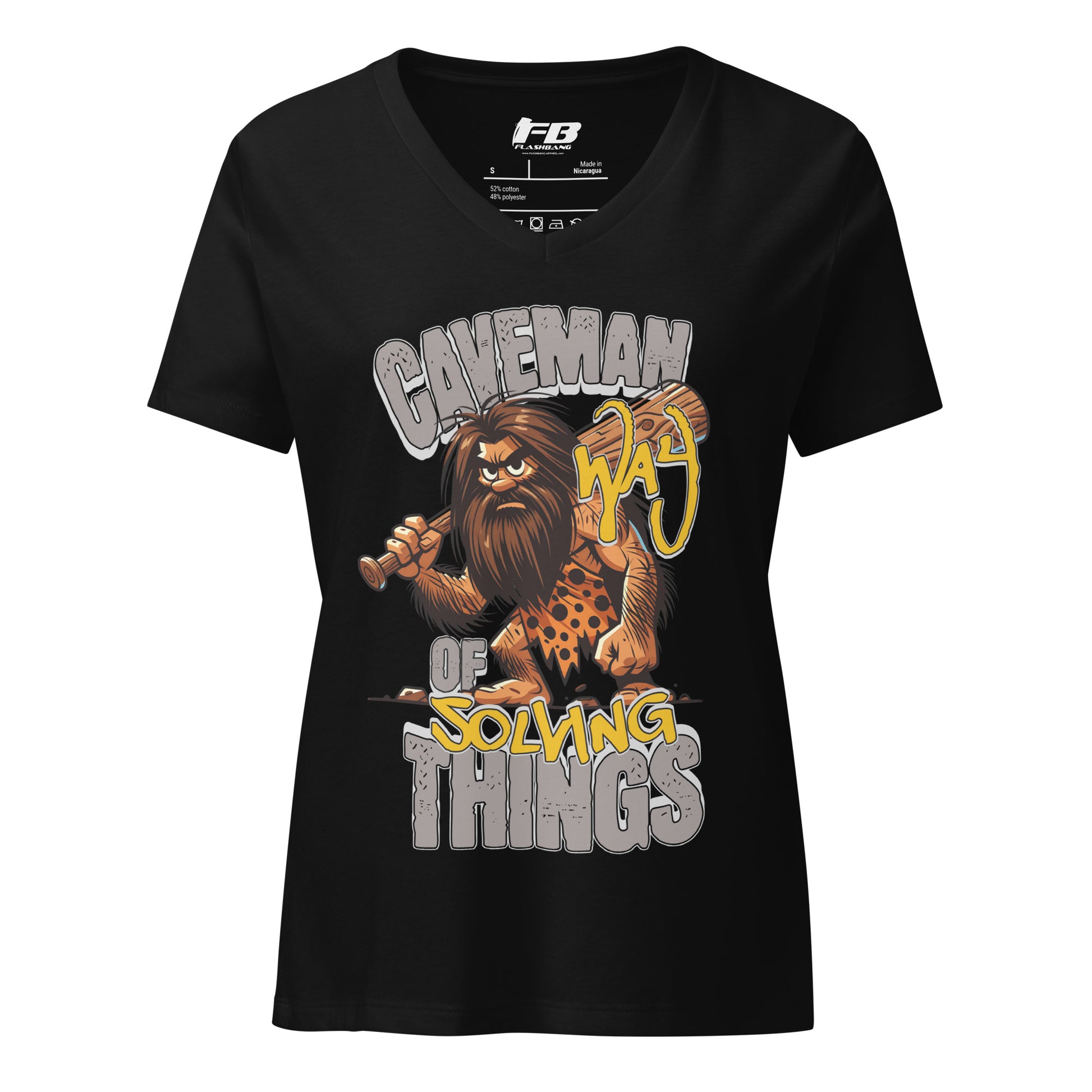 Black t-shirt with a caveman graphic and text on a white background