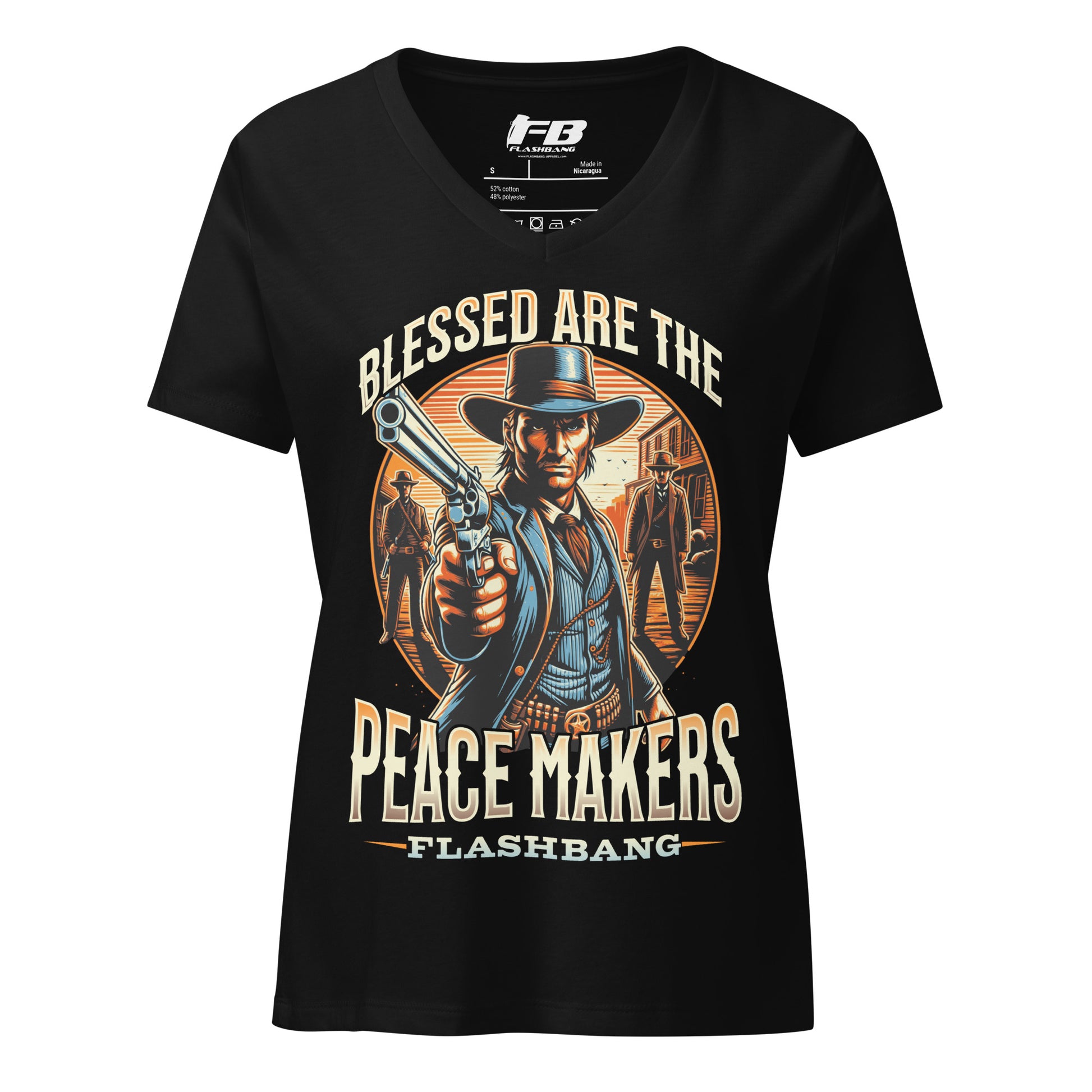 Black t-shirt with a graphic design of a cowboy holding a gun and text 'Blessed are the Peace Makers' on a white background.