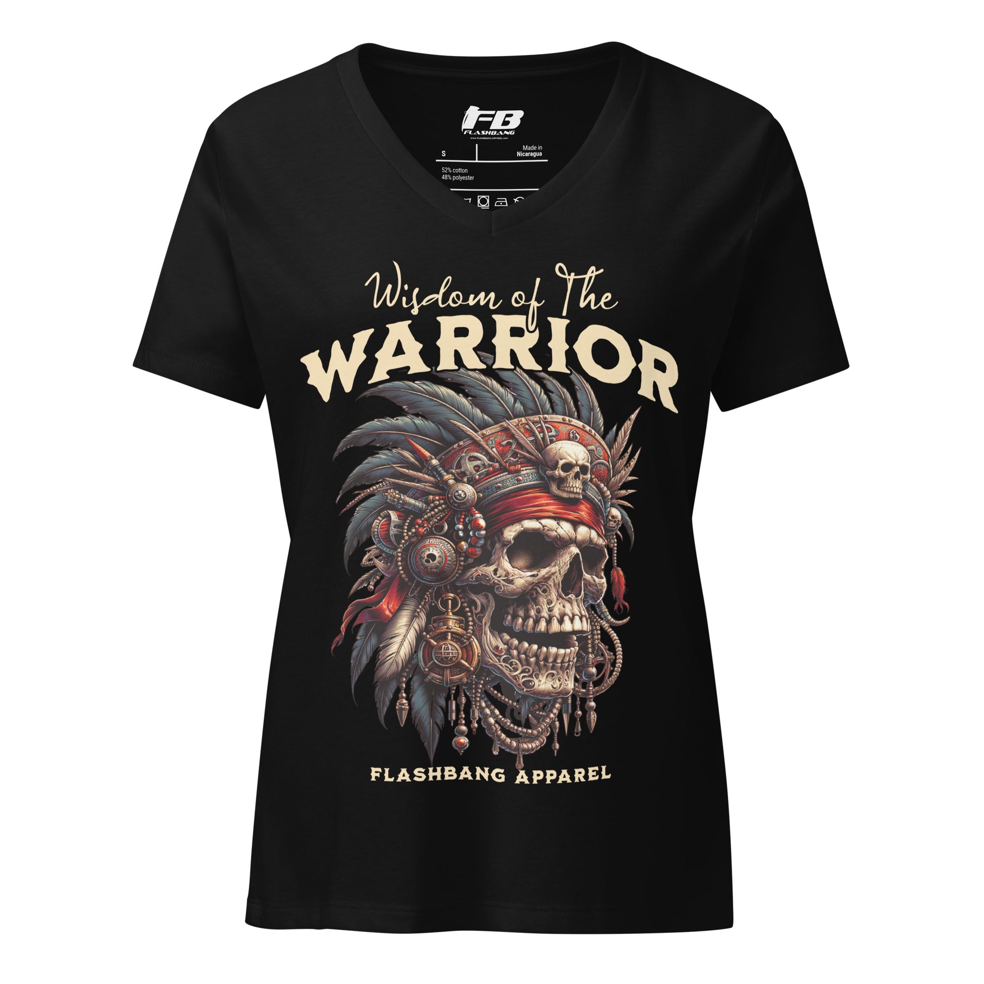 Black t-shirt with 'Warrior' design and 'Flashbang Apparel' branding on a white background