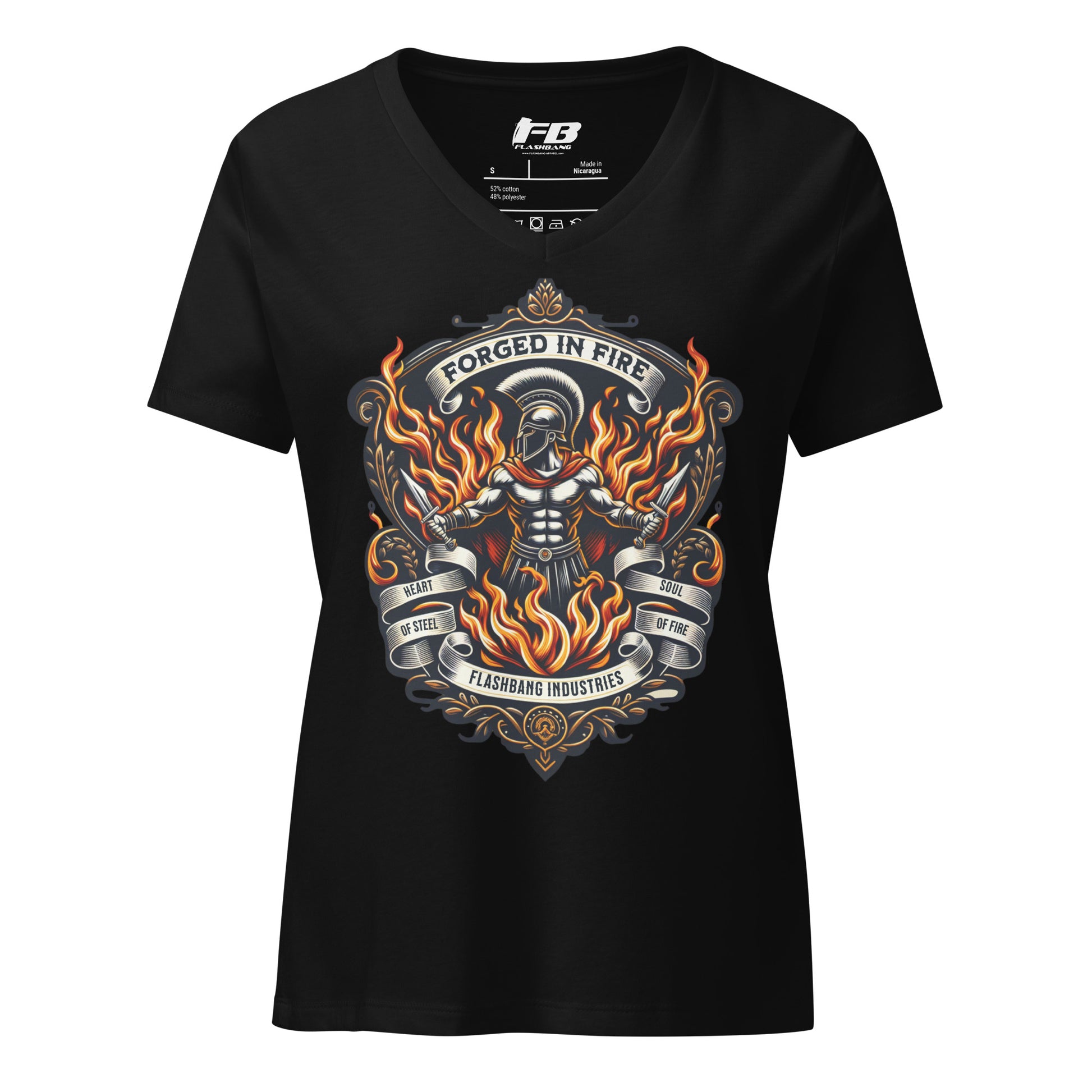 Black t-shirt with fiery graphic design and 'FB' branding on a white background