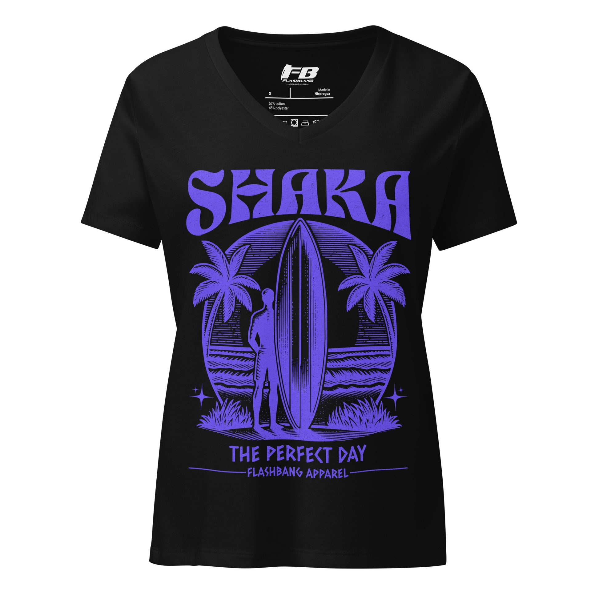 Black t-shirt with purple graphic design featuring a surfer and palm trees on a white background.