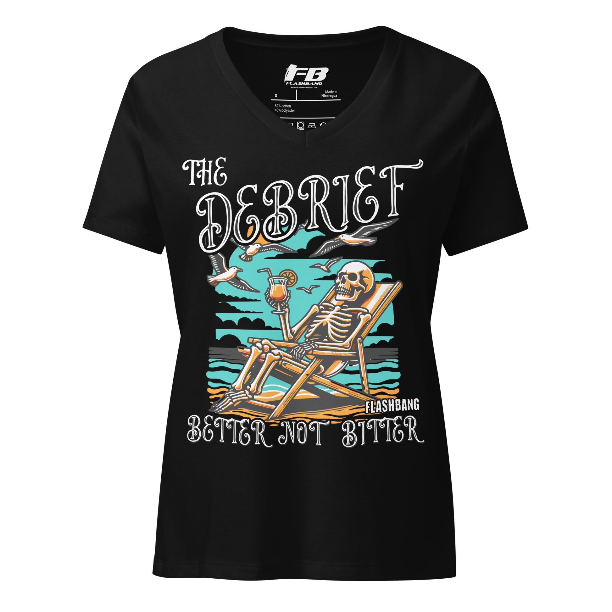 Black t-shirt with a skeleton design and text on a white background
