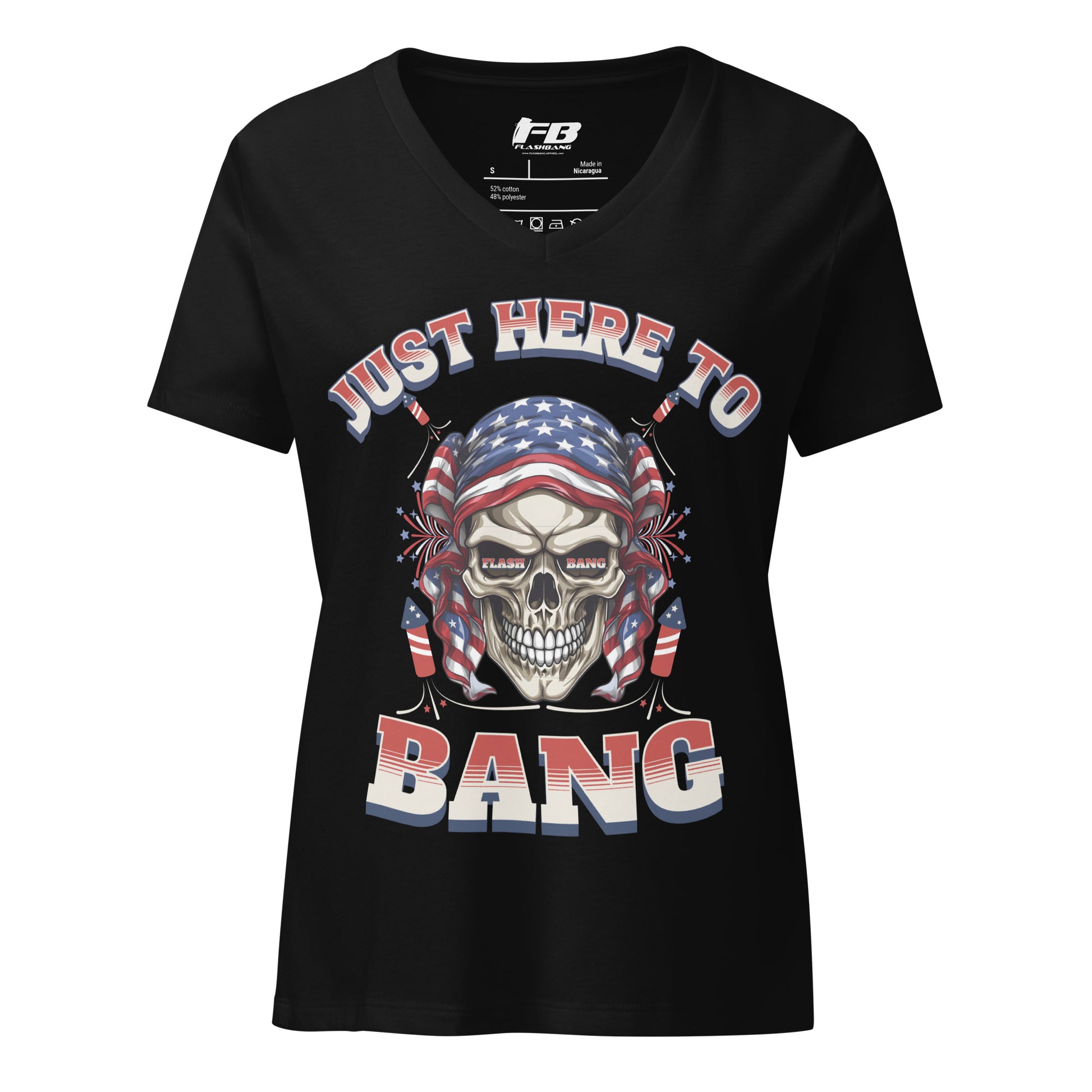 Black t-shirt with a skull graphic and 'Just Here to Bang' text on a white background
