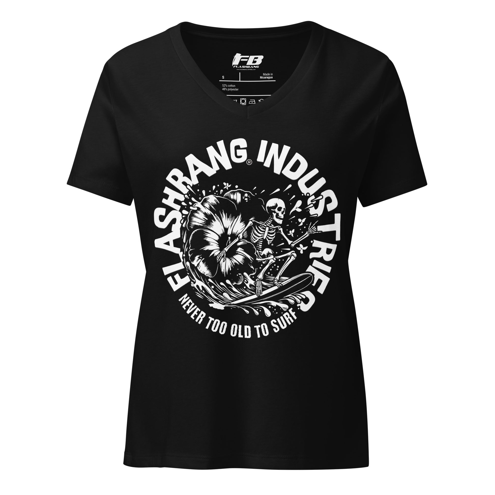 Black t-shirt with white graphic design and text on a white background