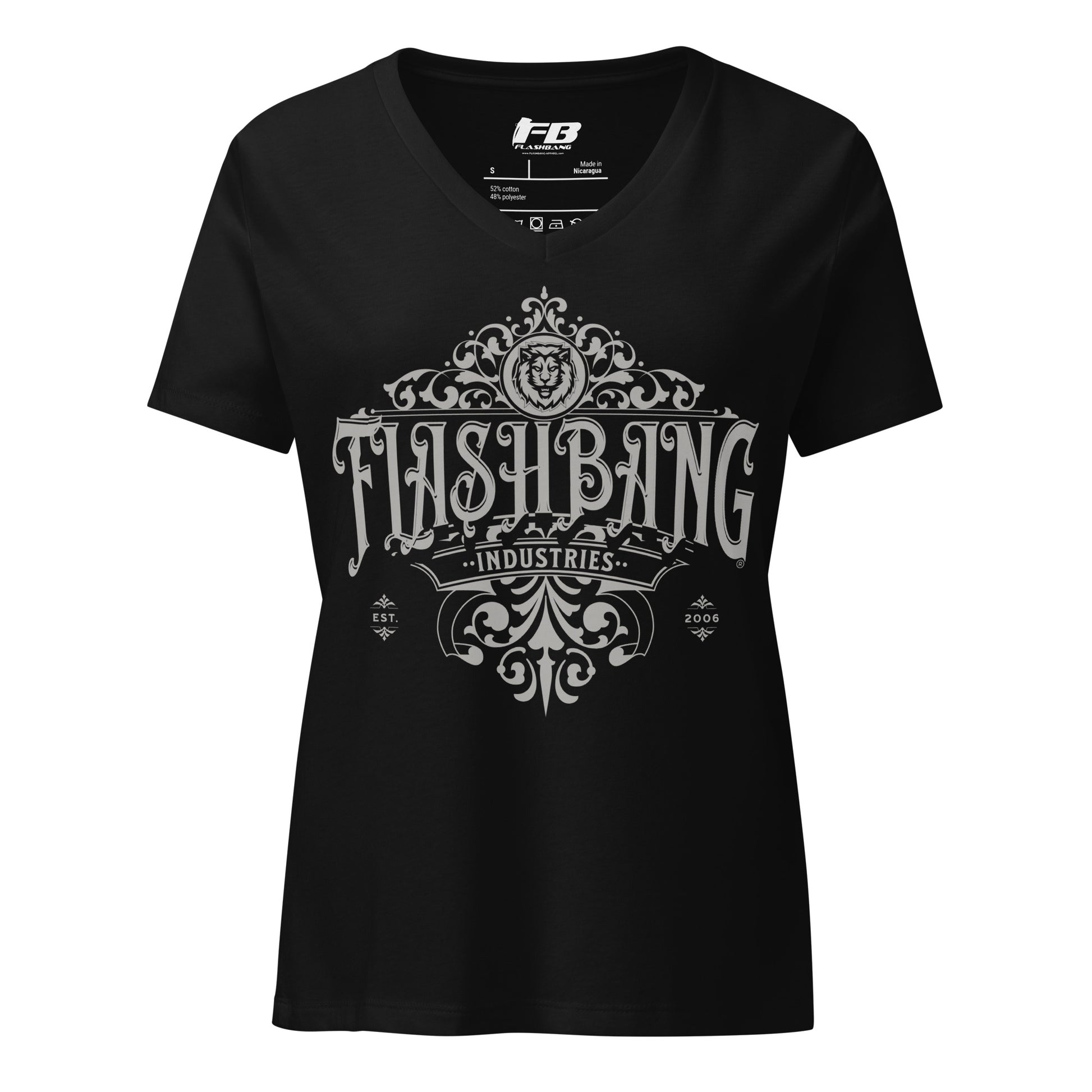 Black t-shirt with 'Flashbang Industries' logo on a white background