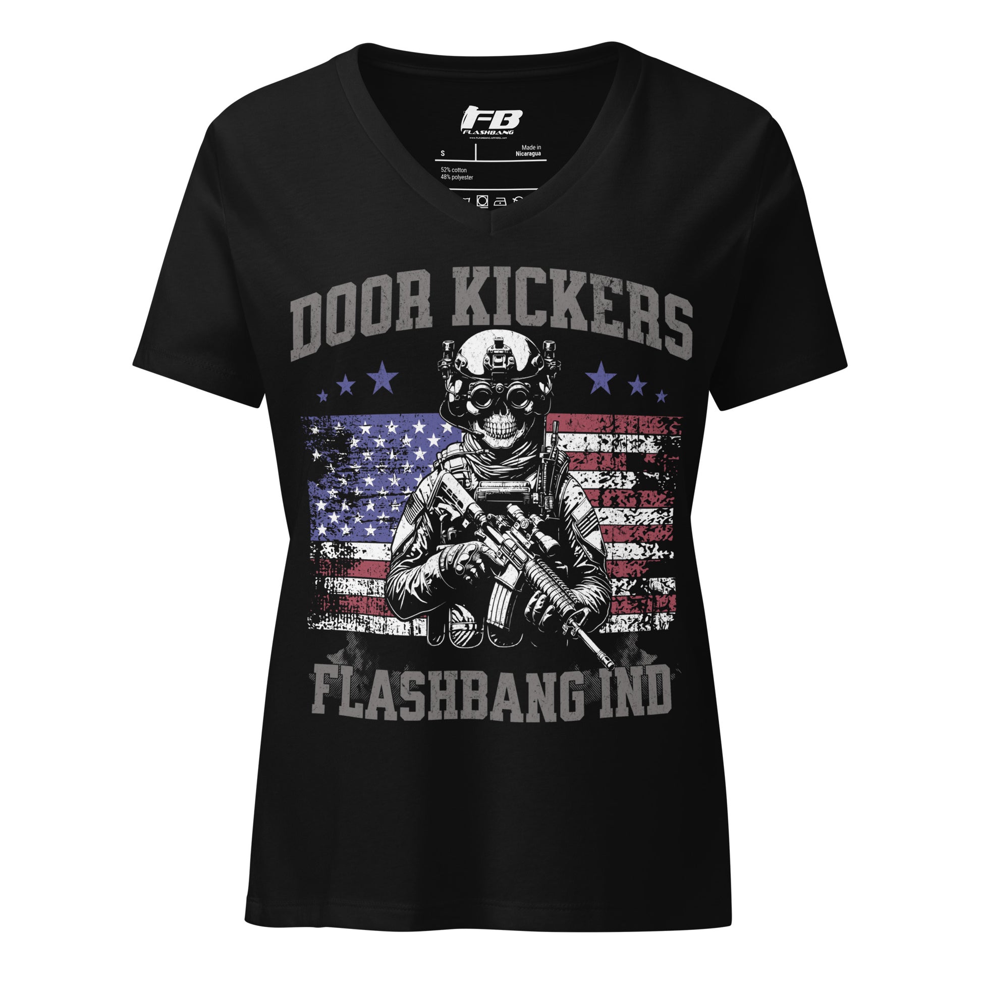 Black t-shirt with a graphic design featuring a soldier and American flag, brand 'FB' visible.