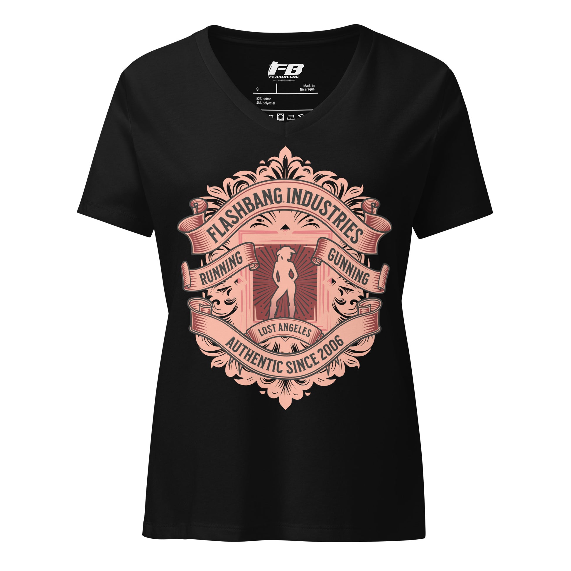 Black t-shirt with pink graphic design on a white background