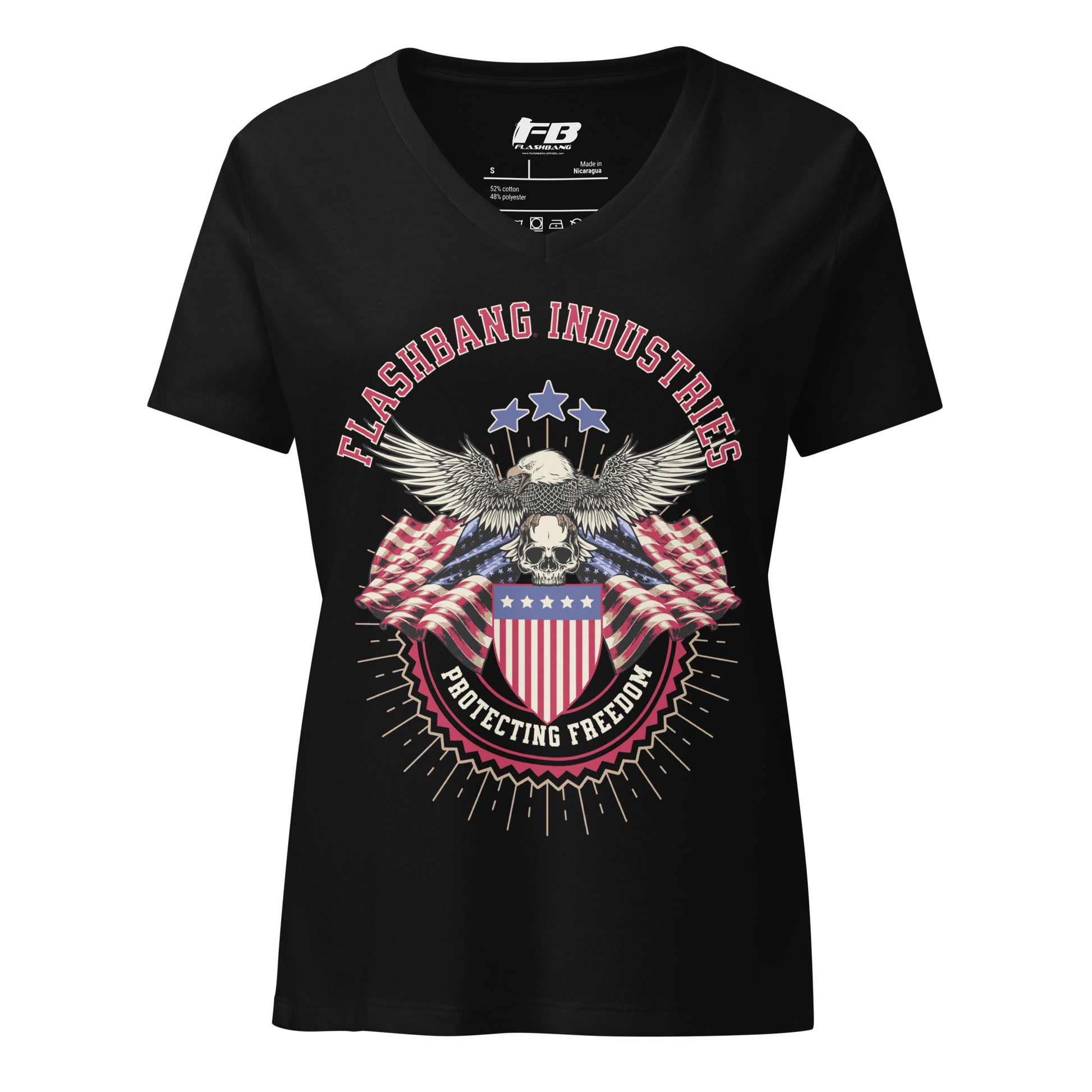 Black t-shirt with 'Flashbang Industries' graphic design featuring an eagle and American flag on a white background.