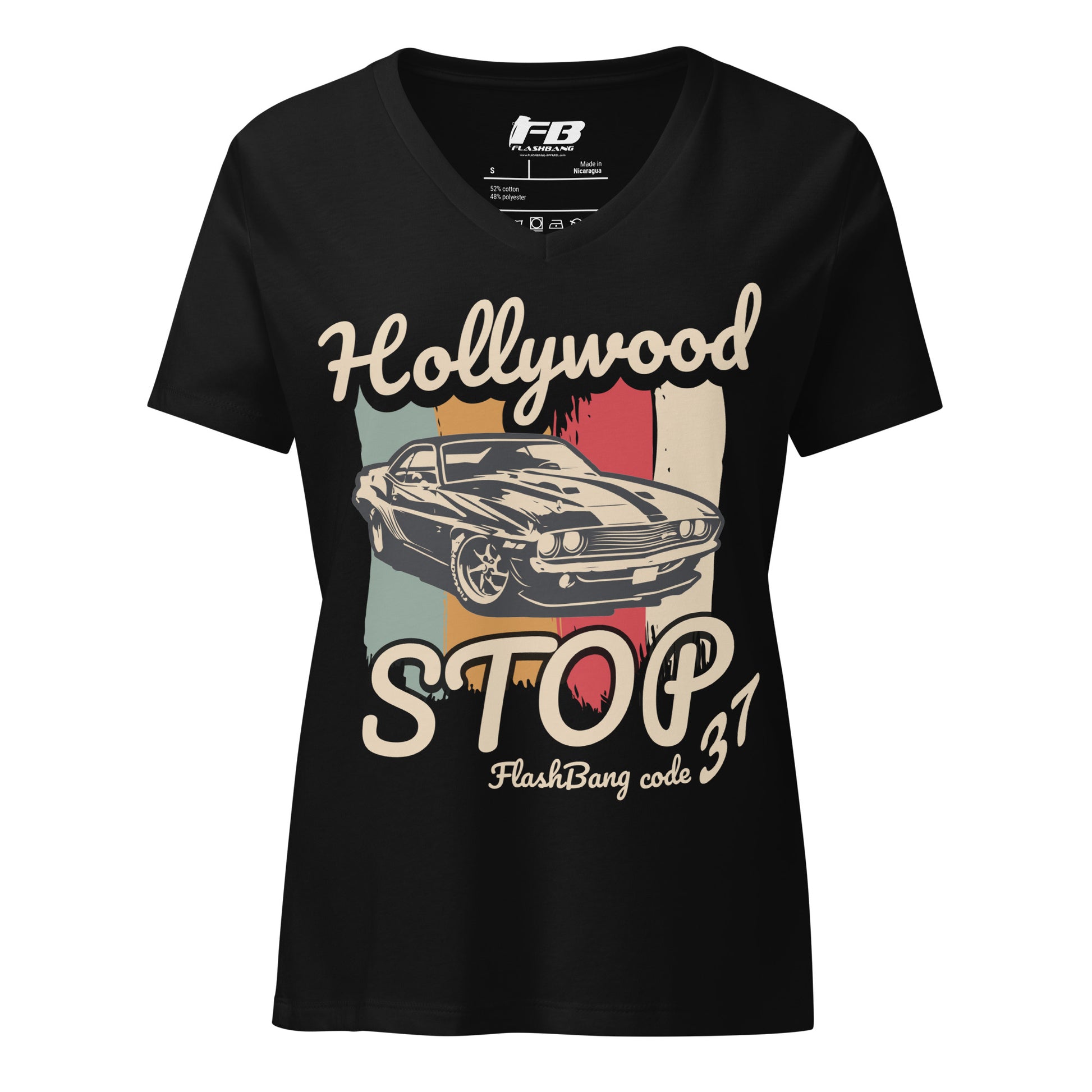 Black t-shirt with vintage car graphic and text on a white background