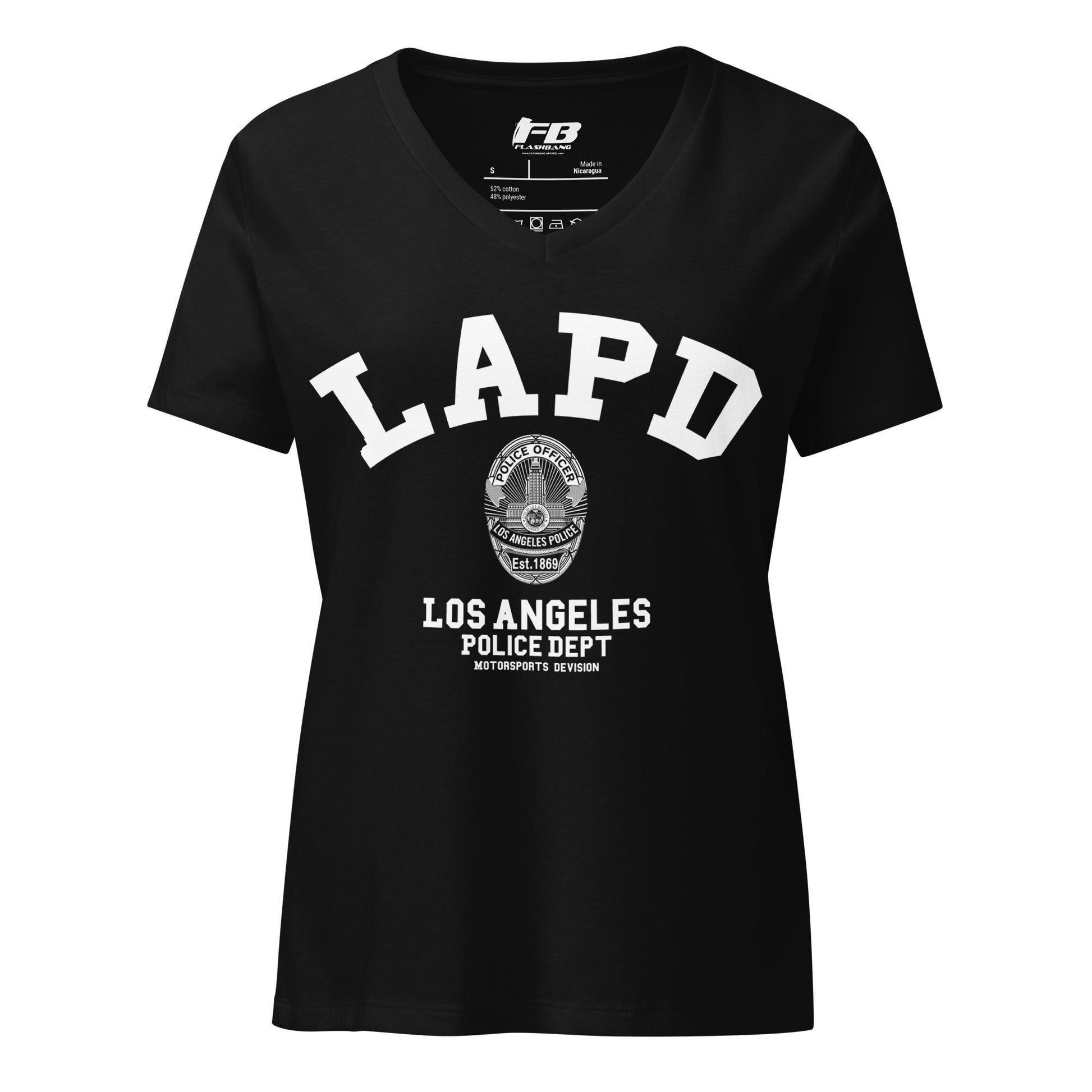Black t-shirt with 'LAPD Los Angeles Police Dept' print on a white background