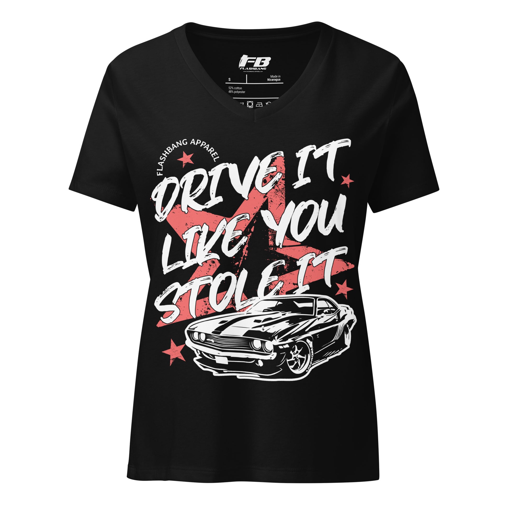 Black t-shirt with graphic design and text on a white background