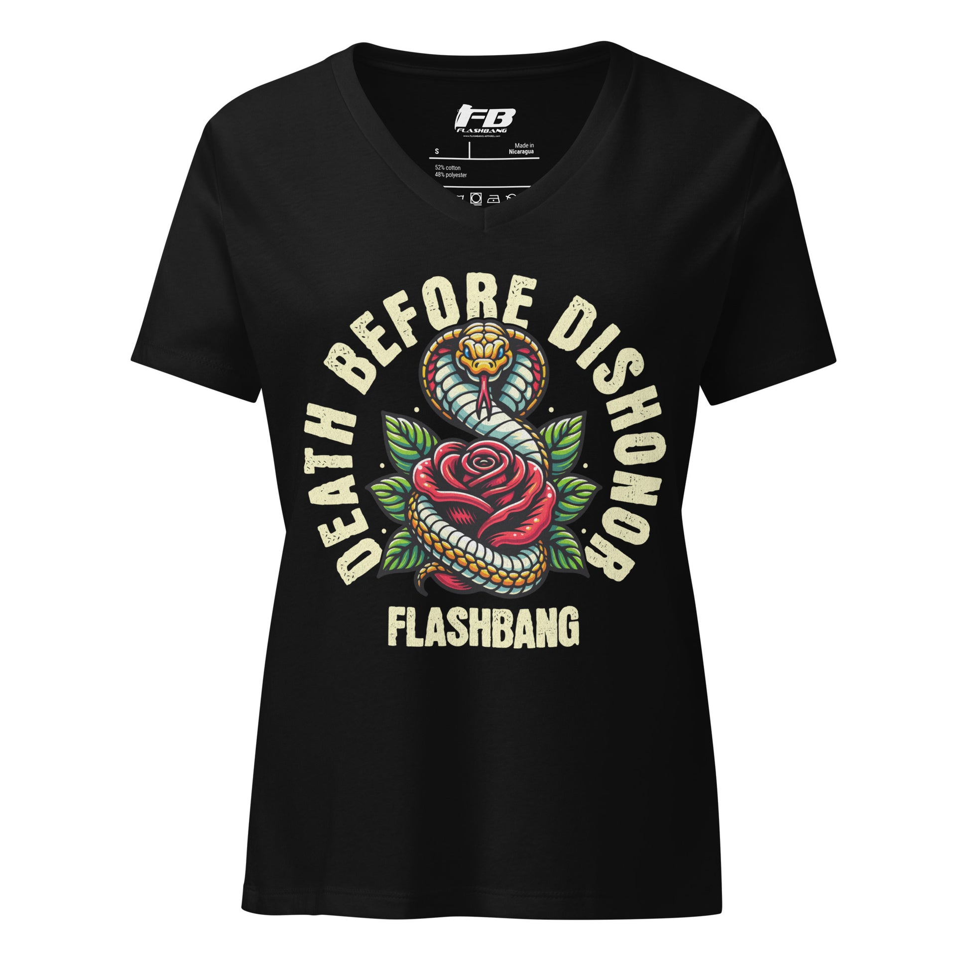 Black t-shirt with 'Death Before Dishonor Flashbang' design on a white background
