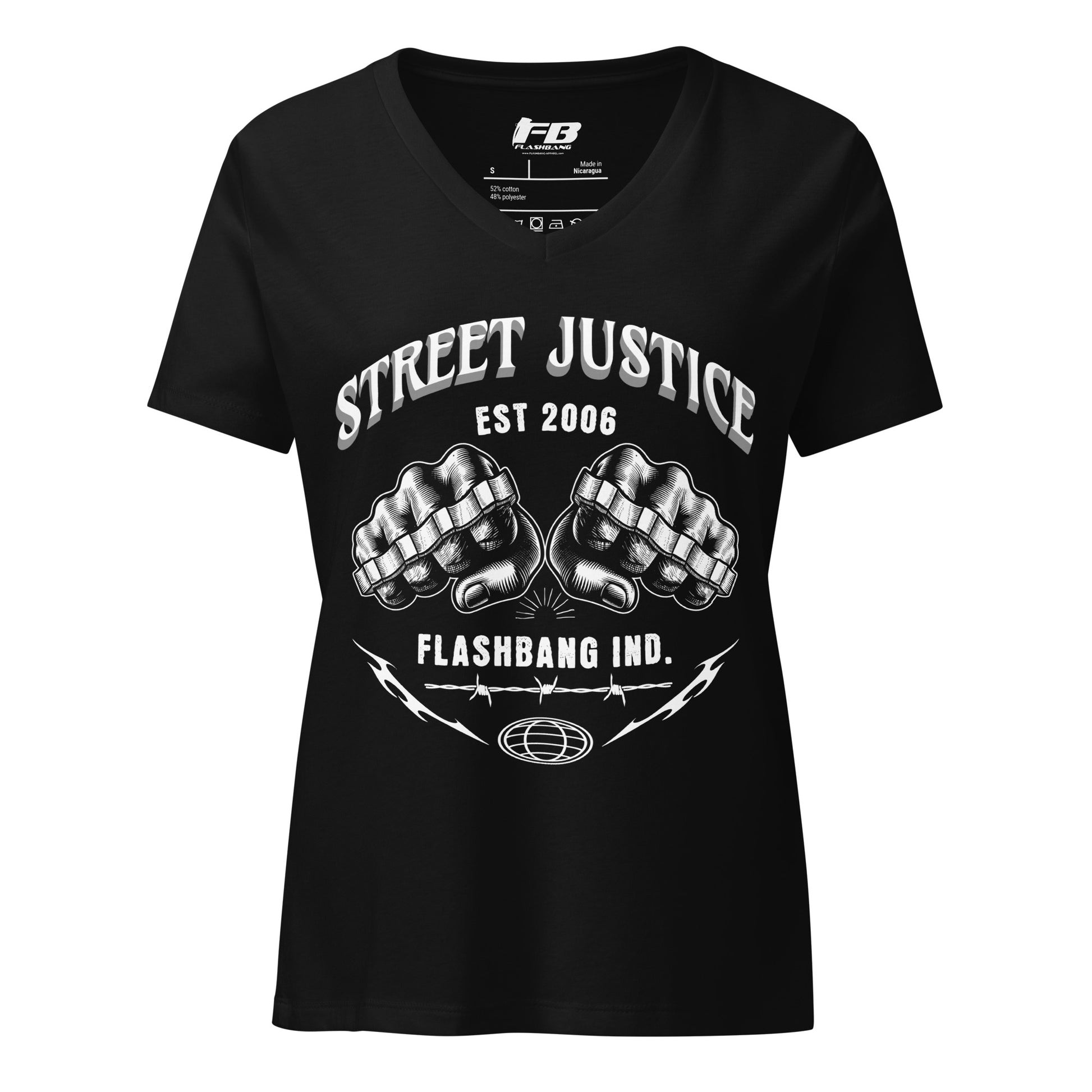 Black t-shirt with 'Street Justice' design and 'Flashbang Ind.' text on a white background