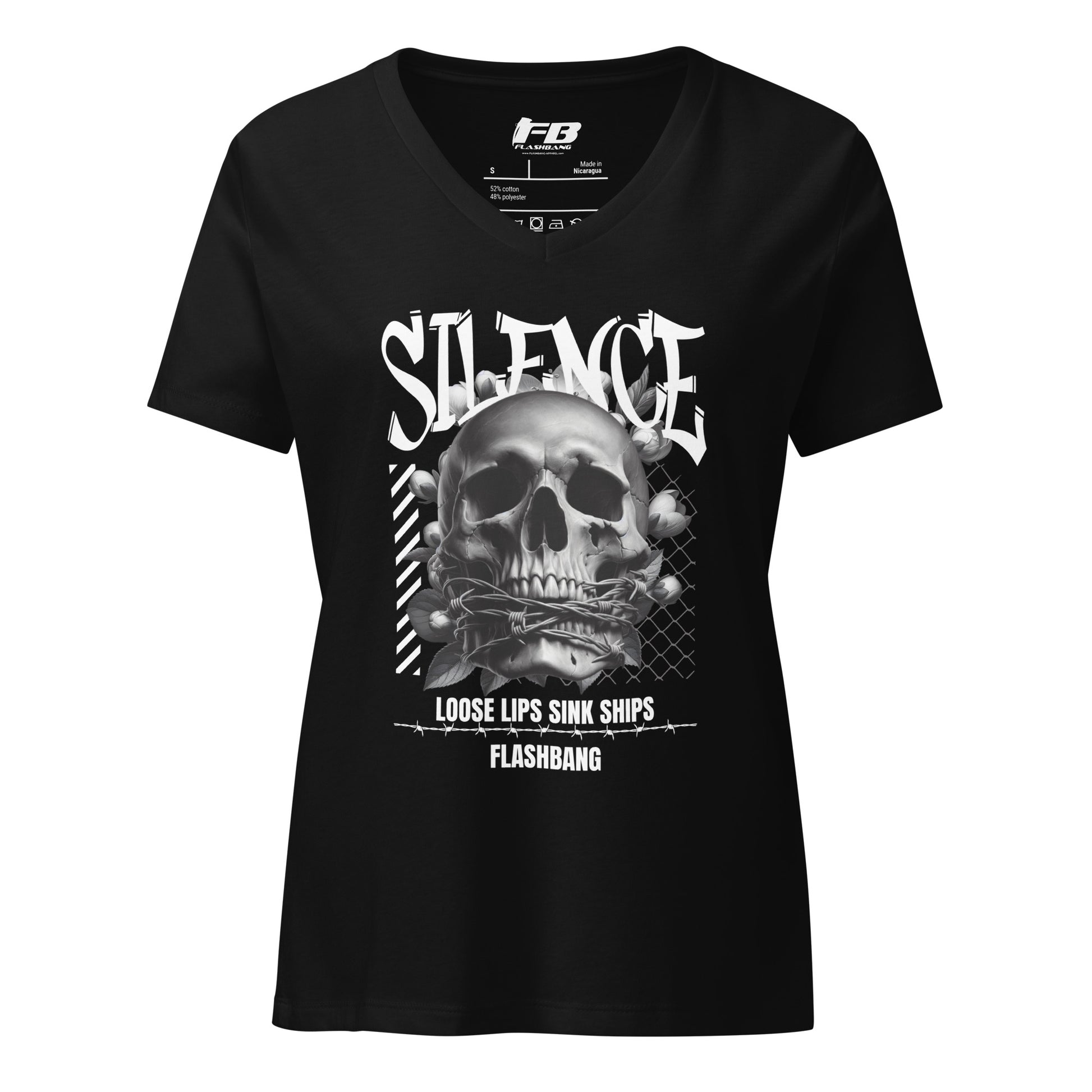 Black t-shirt with skull graphic and text on a white background