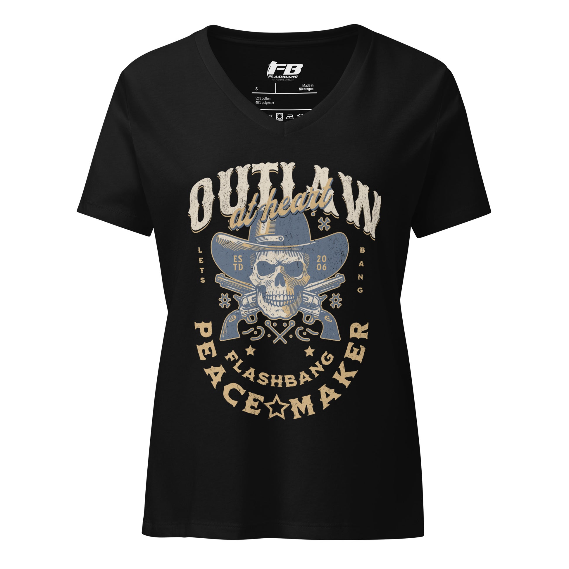 Black t-shirt with graphic design and text on a white background