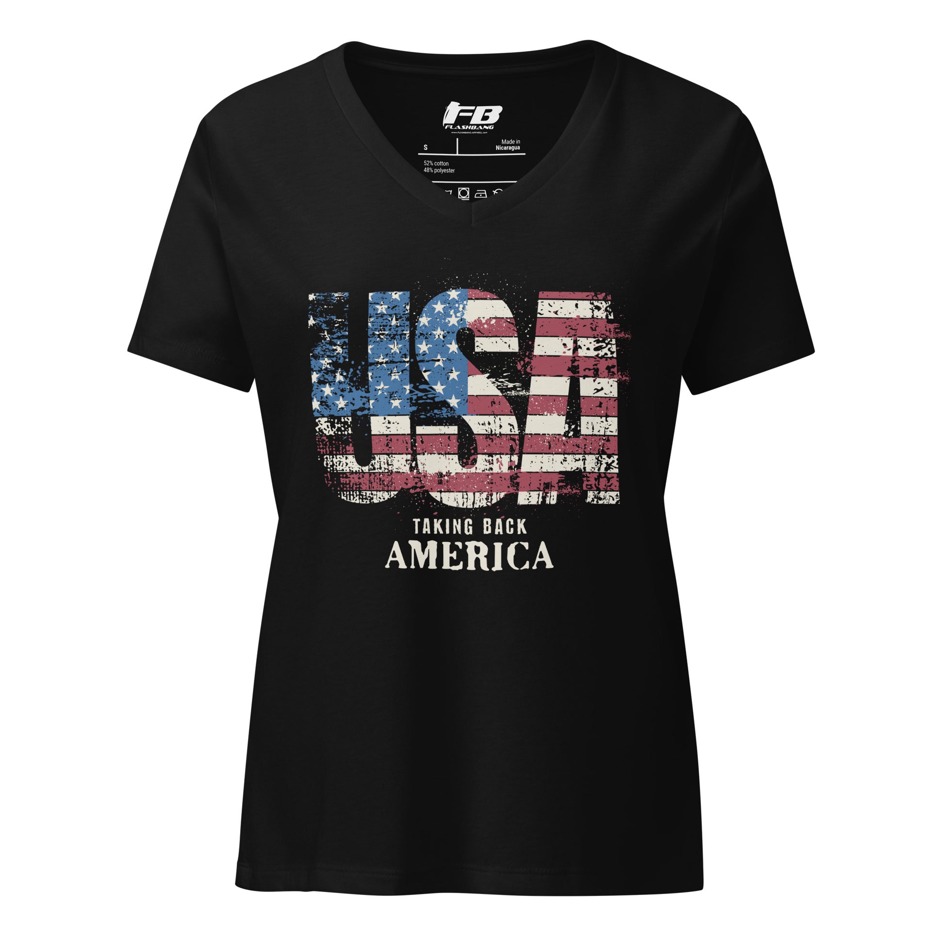 Black t-shirt with USA graphic and text on a white background